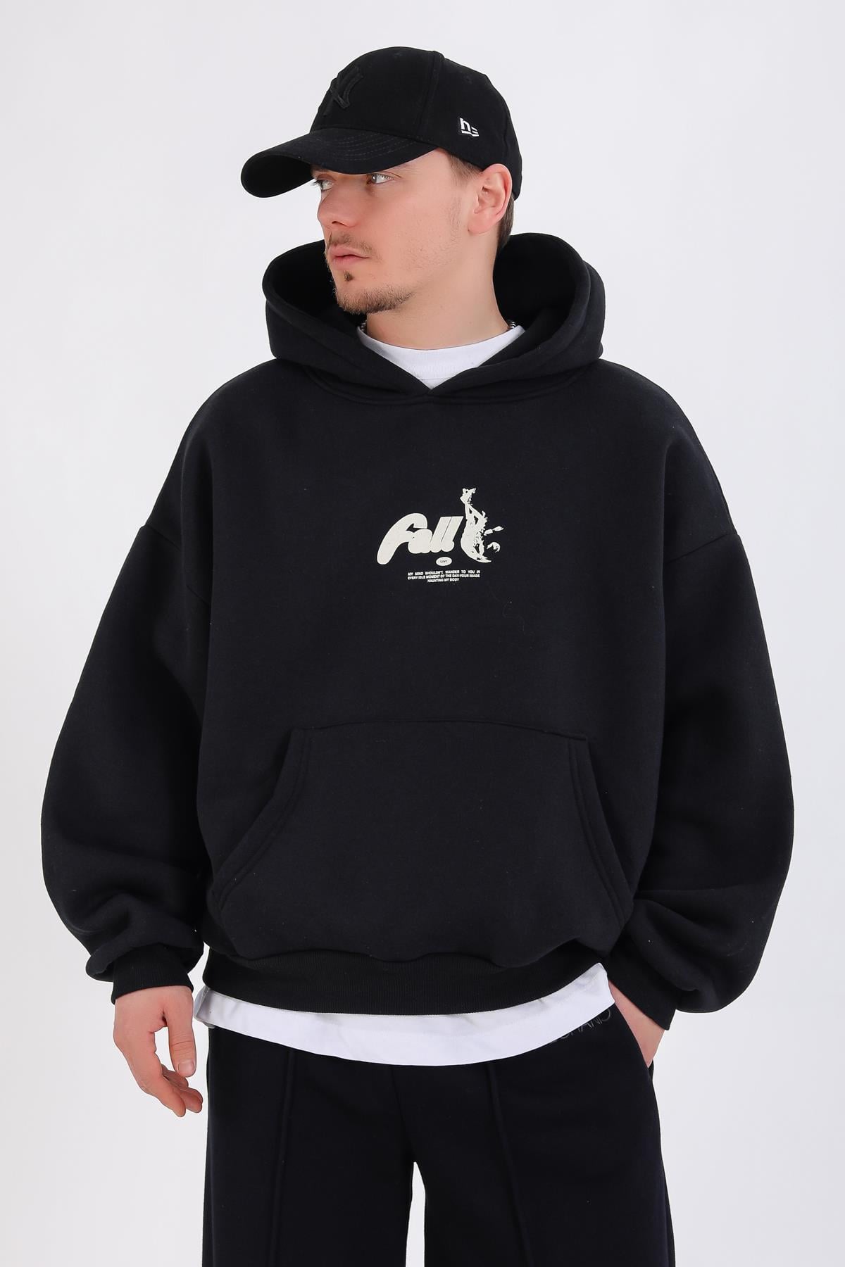 Fall Baskılı Siyah Oversize Hoodie SW1344