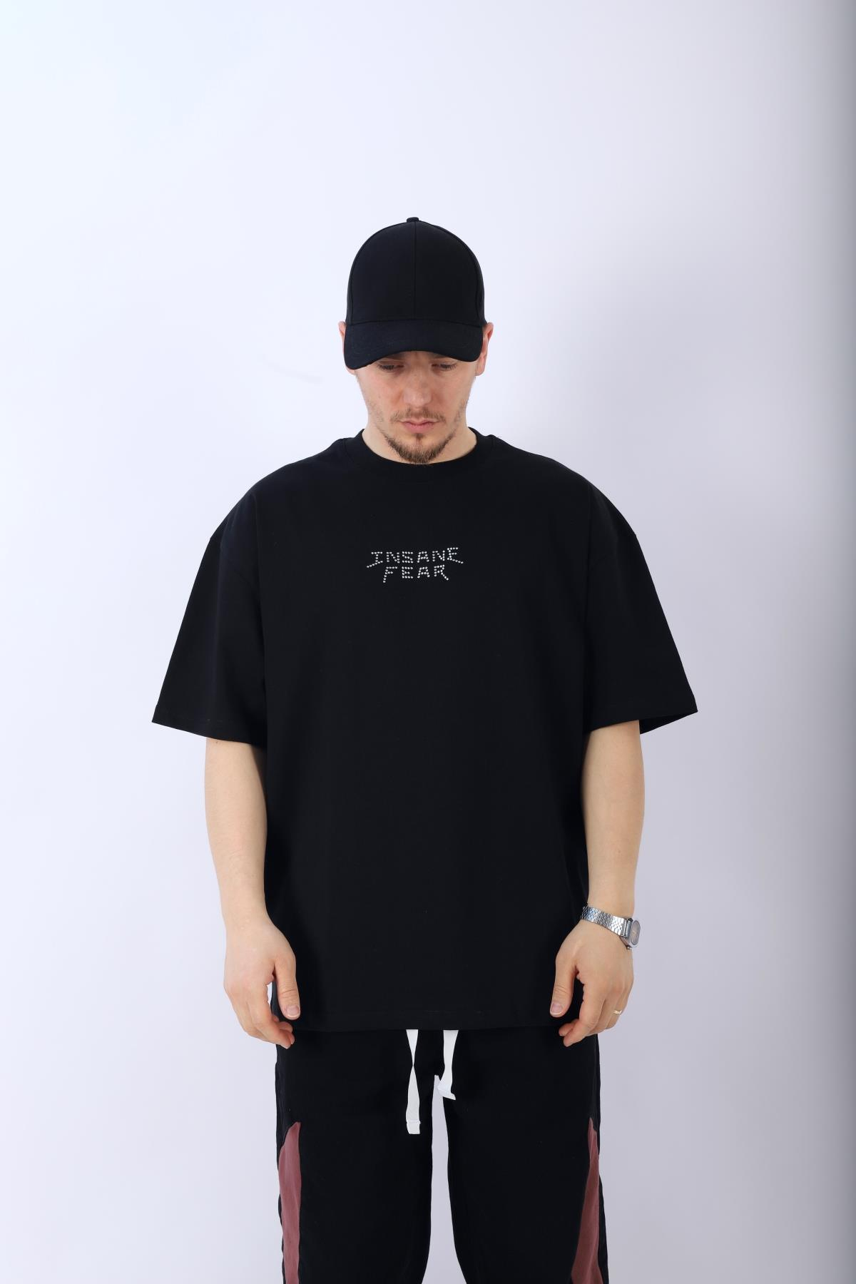 Fear Taş Baskılı Siyah Oversize Tshirt T963