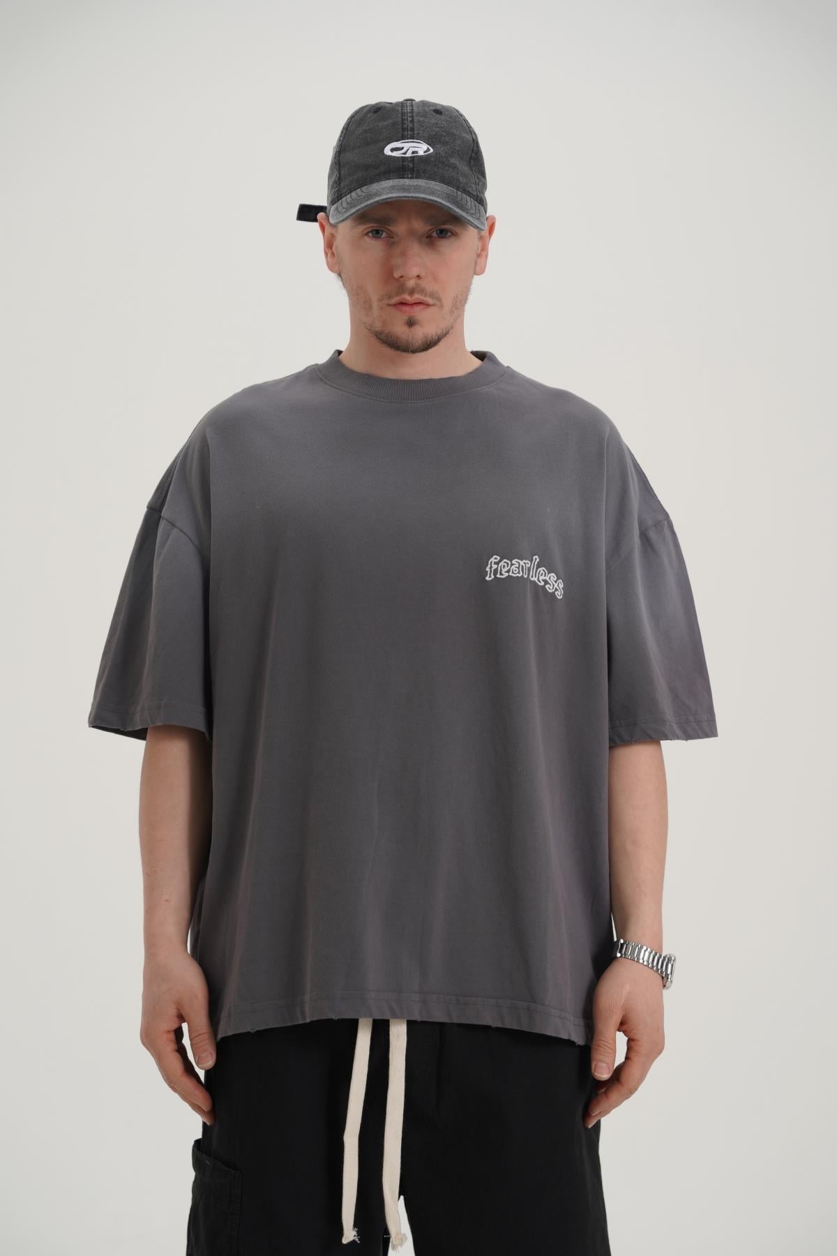 Fearless Baskılı Yıkama Efektli Oversize Tshirt
