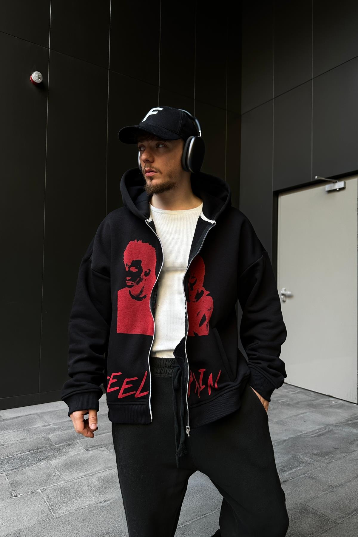 Feel Pain Baskılı Siyah Oversize Zipper Hoodie SW1090