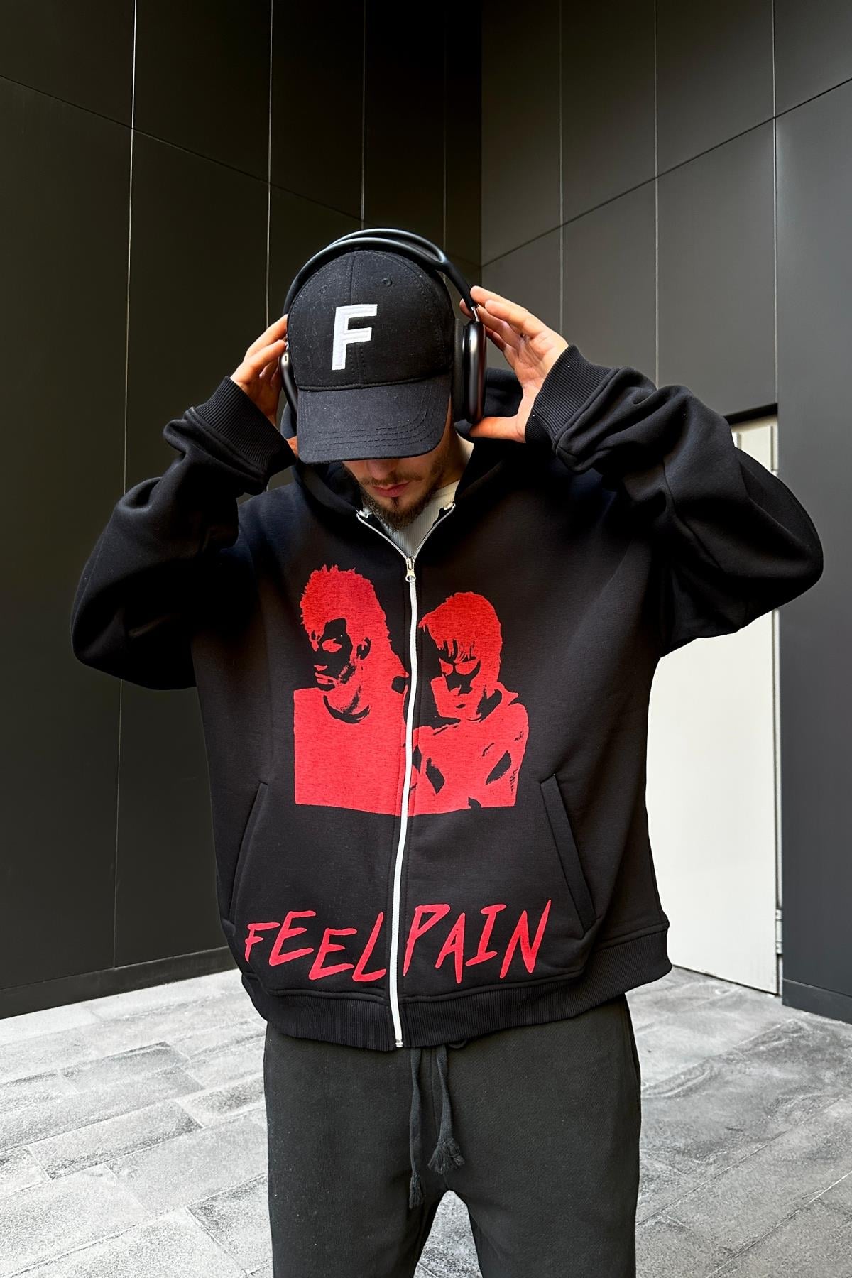 Feel Pain Baskılı Siyah Oversize Zipper Hoodie SW1090