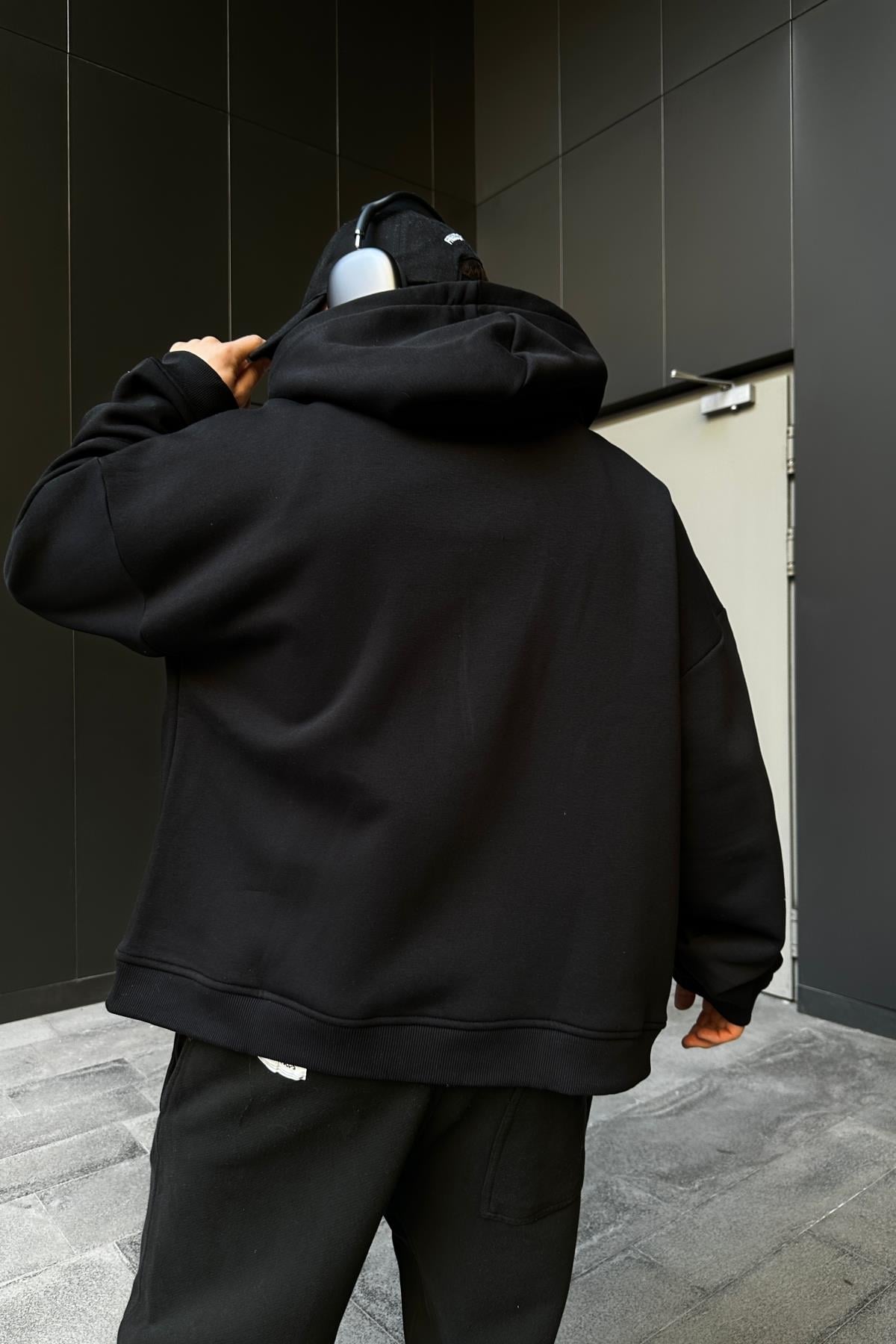 Feel Pain Baskılı Siyah Oversize Zipper Hoodie SW1090