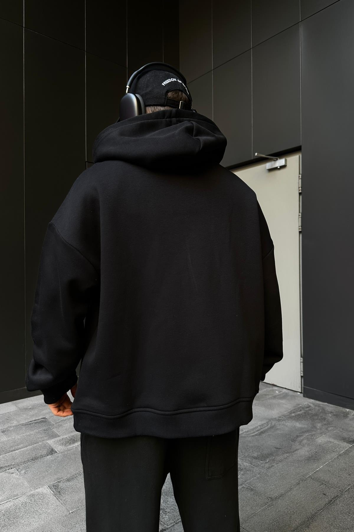 Feel Pain Baskılı Siyah Oversize Zipper Hoodie SW1090