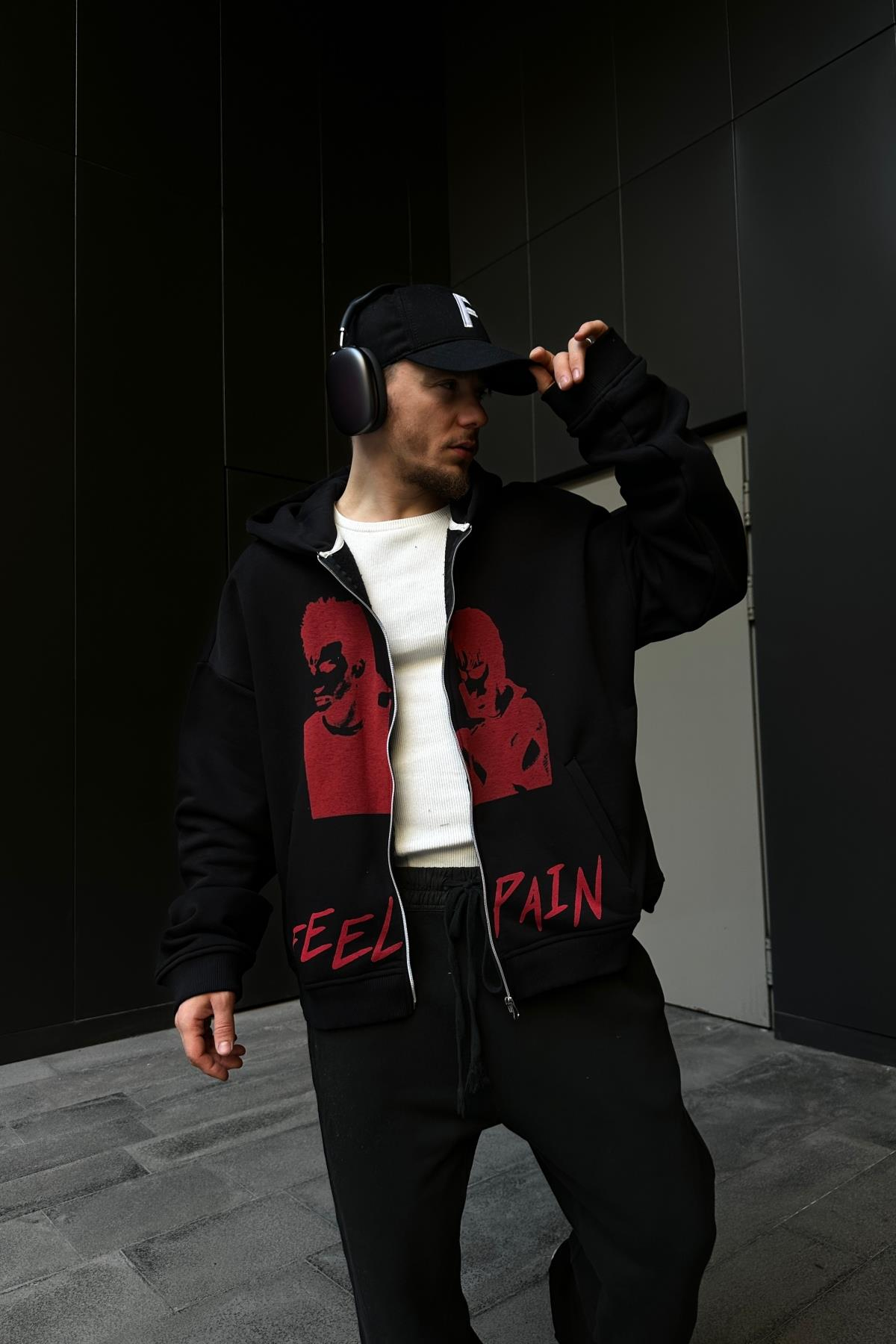 Feel Pain Baskılı Siyah Oversize Zipper Hoodie SW1090