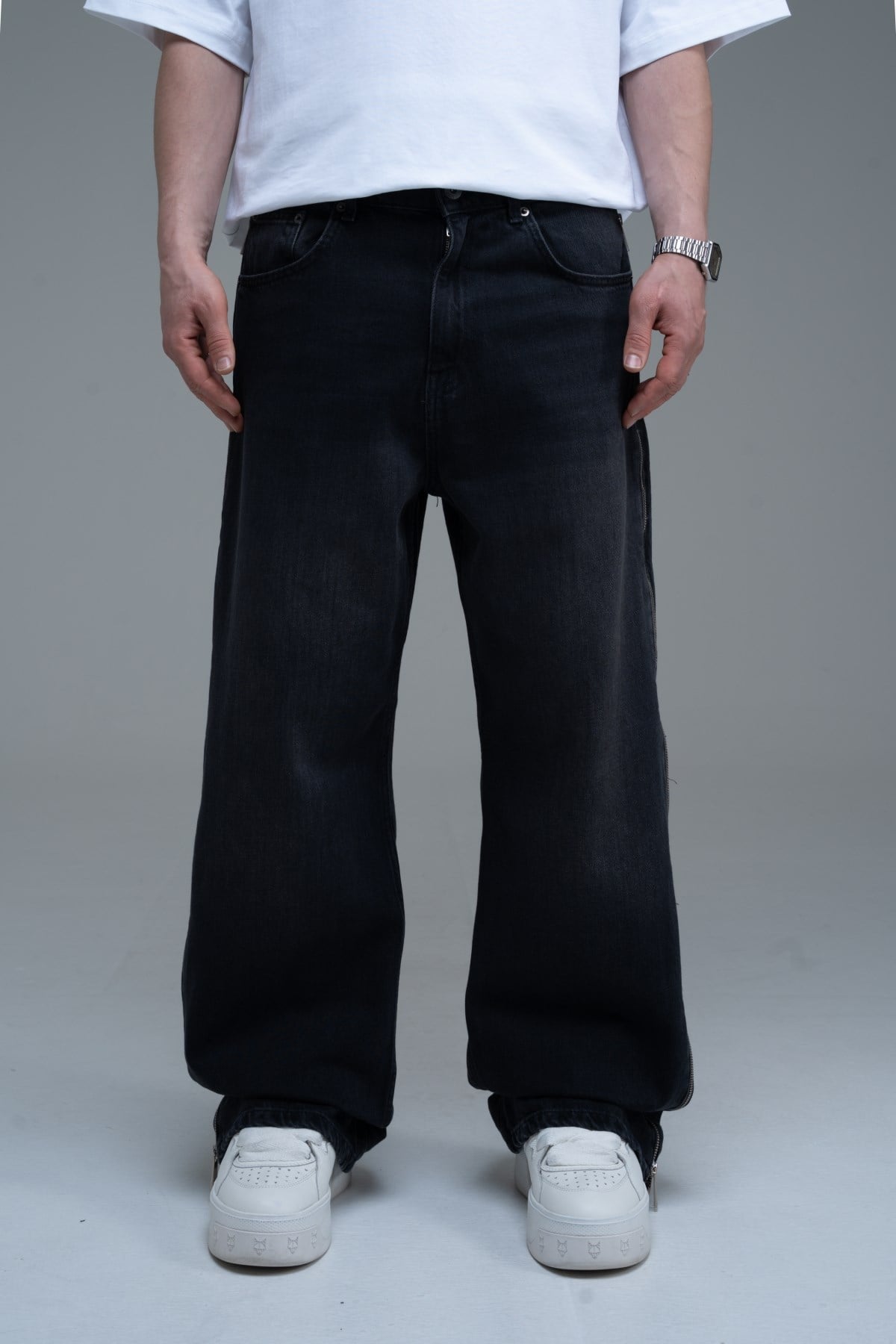 Fermuar Detay Siyah Baggy Jean