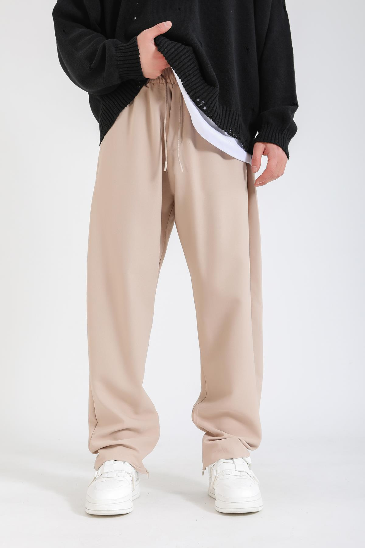 Fermuar Paça Detay Bej İnce Kumaş Pantolon P1150