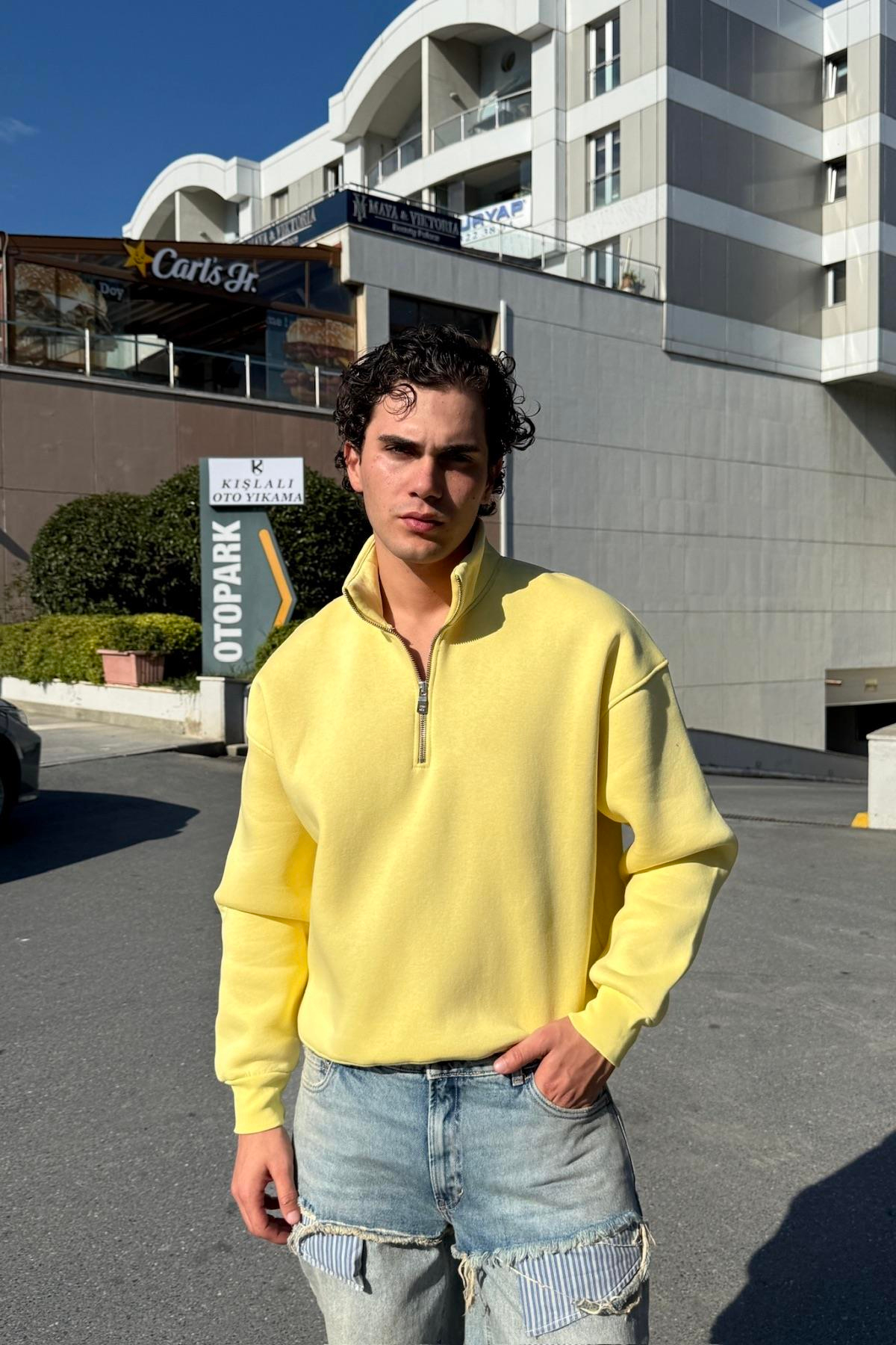 Fermuar Yaka Oversize Sarı Sweatshirt JC01