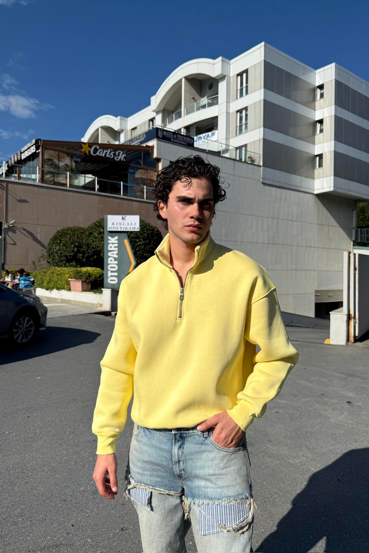Fermuar Yaka Oversize Sarı Sweatshirt JC01