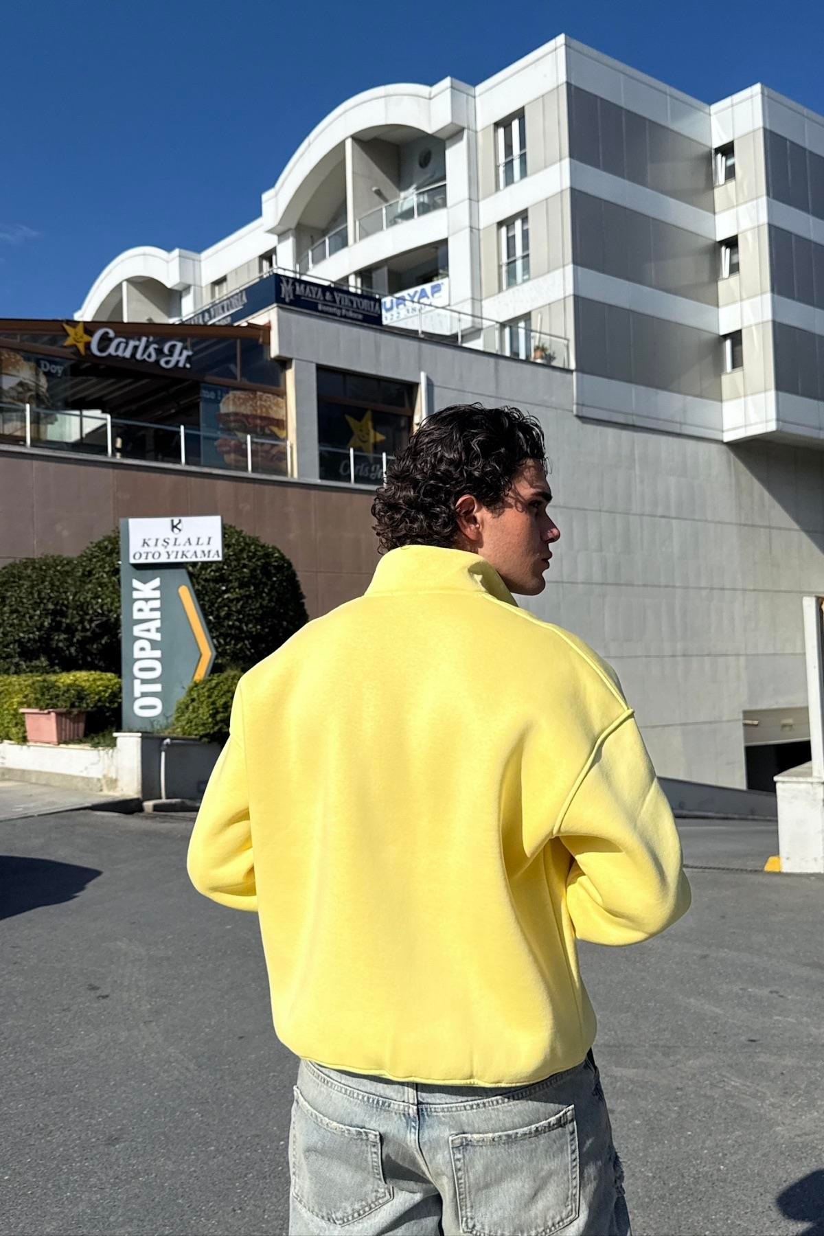 Fermuar Yaka Oversize Sarı Sweatshirt JC01
