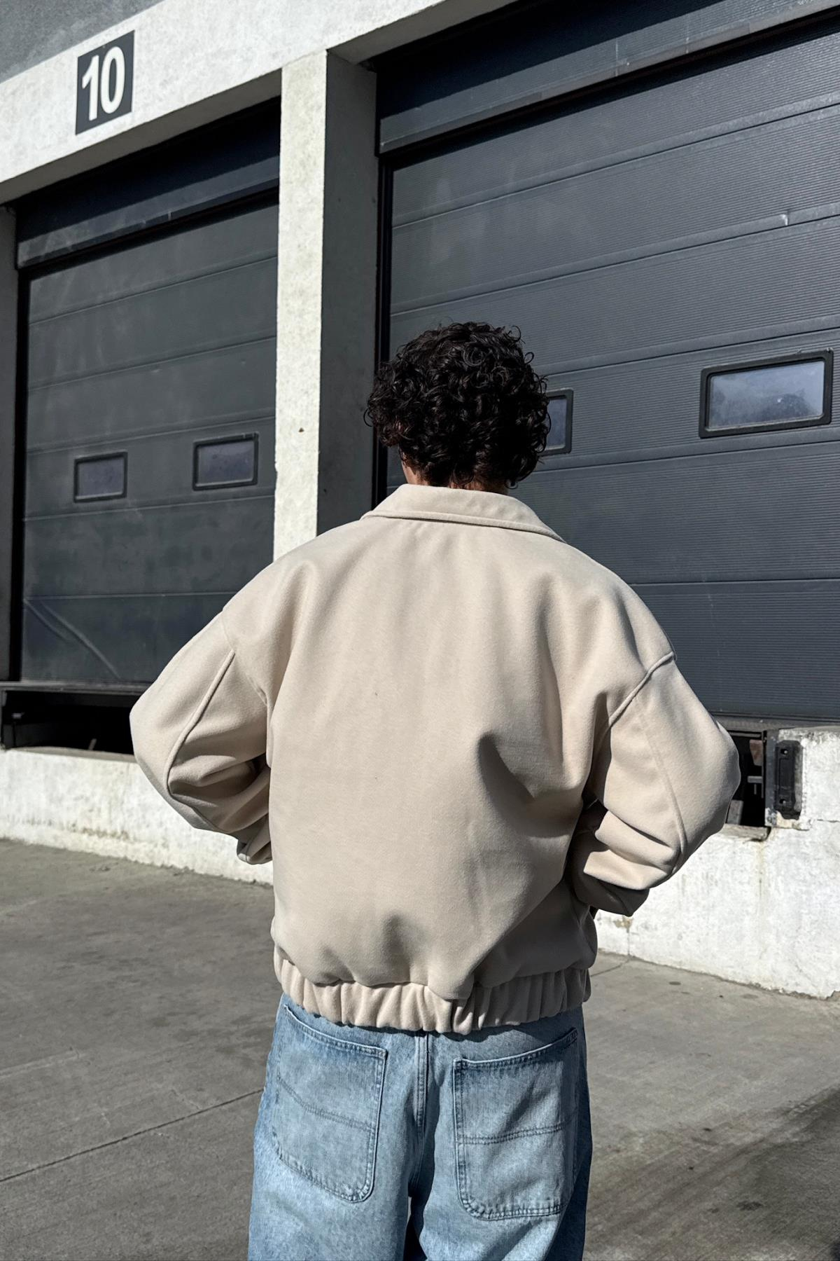 Fermuarlı Bej Oversize Kaşe Ceket PM01