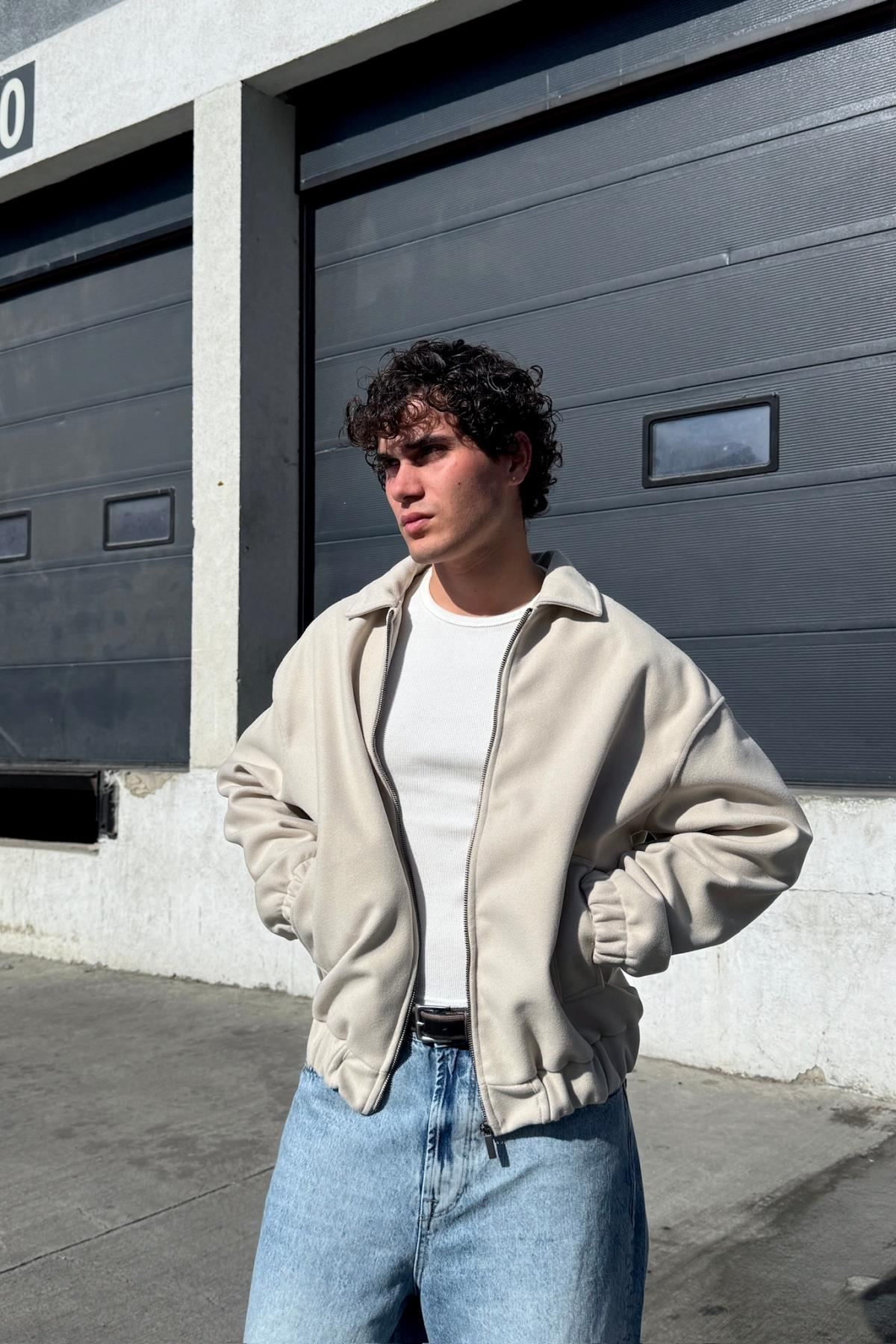 Fermuarlı Bej Oversize Kaşe Ceket PM01