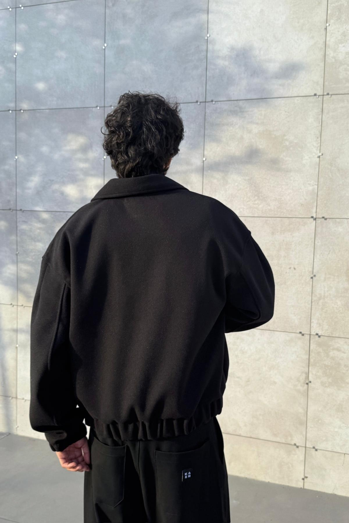 Fermuarlı Siyah Oversize Kaşe Ceket PM01