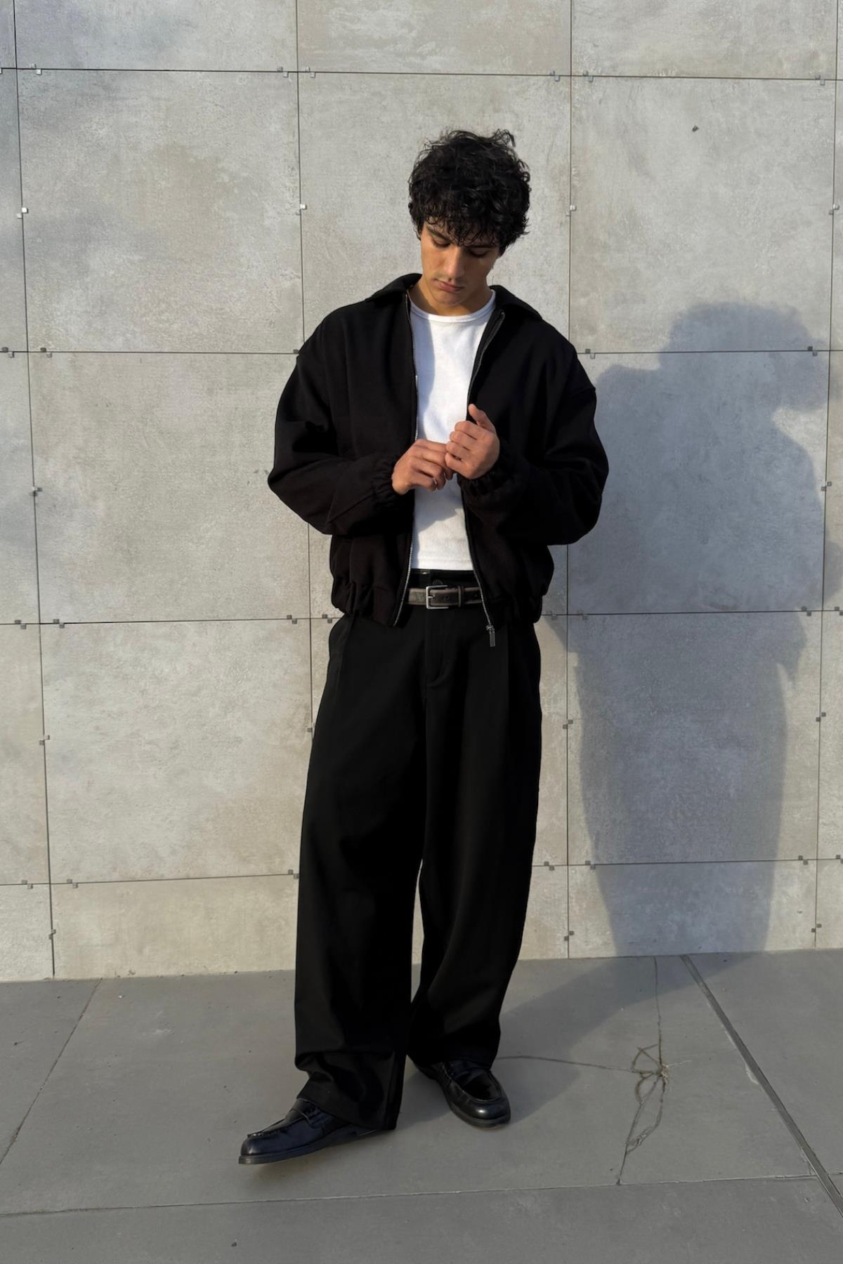 Fermuarlı Siyah Oversize Kaşe Ceket PM01
