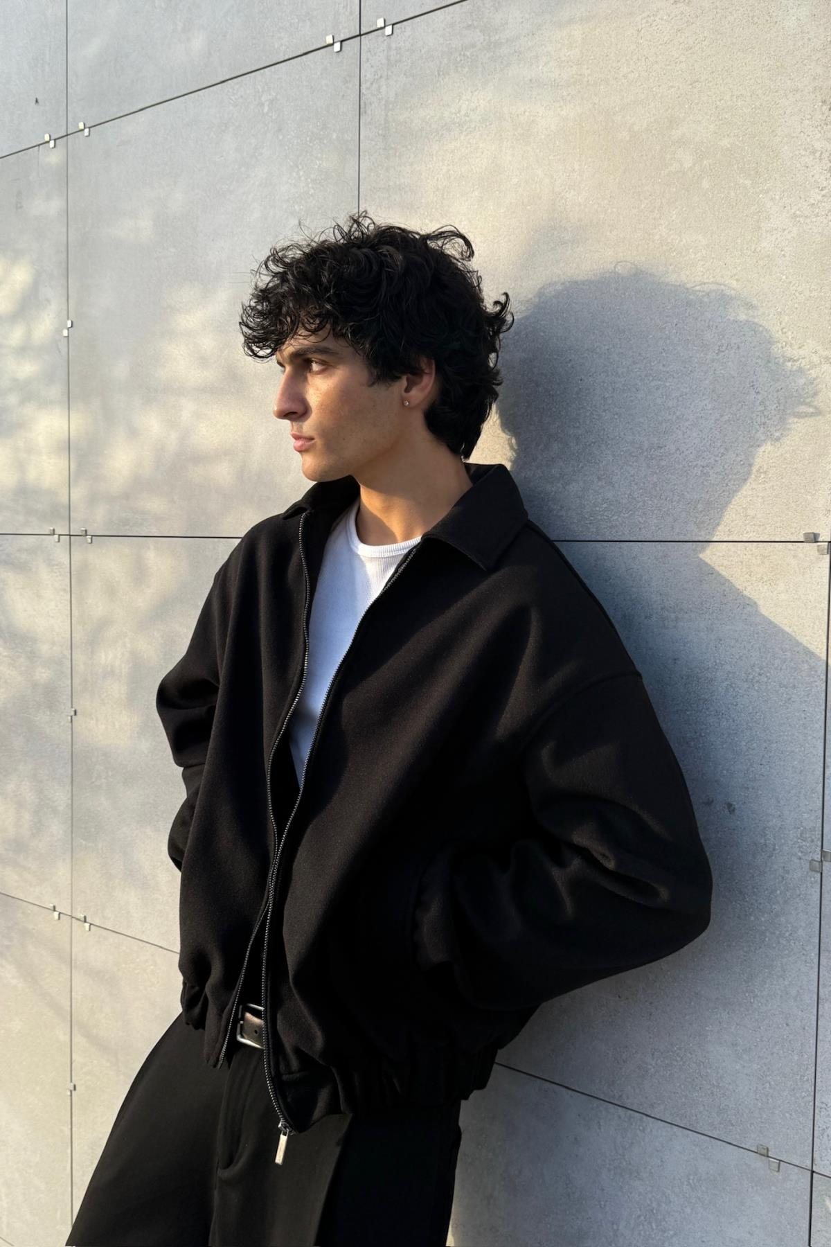 Fermuarlı Siyah Oversize Kaşe Ceket PM01