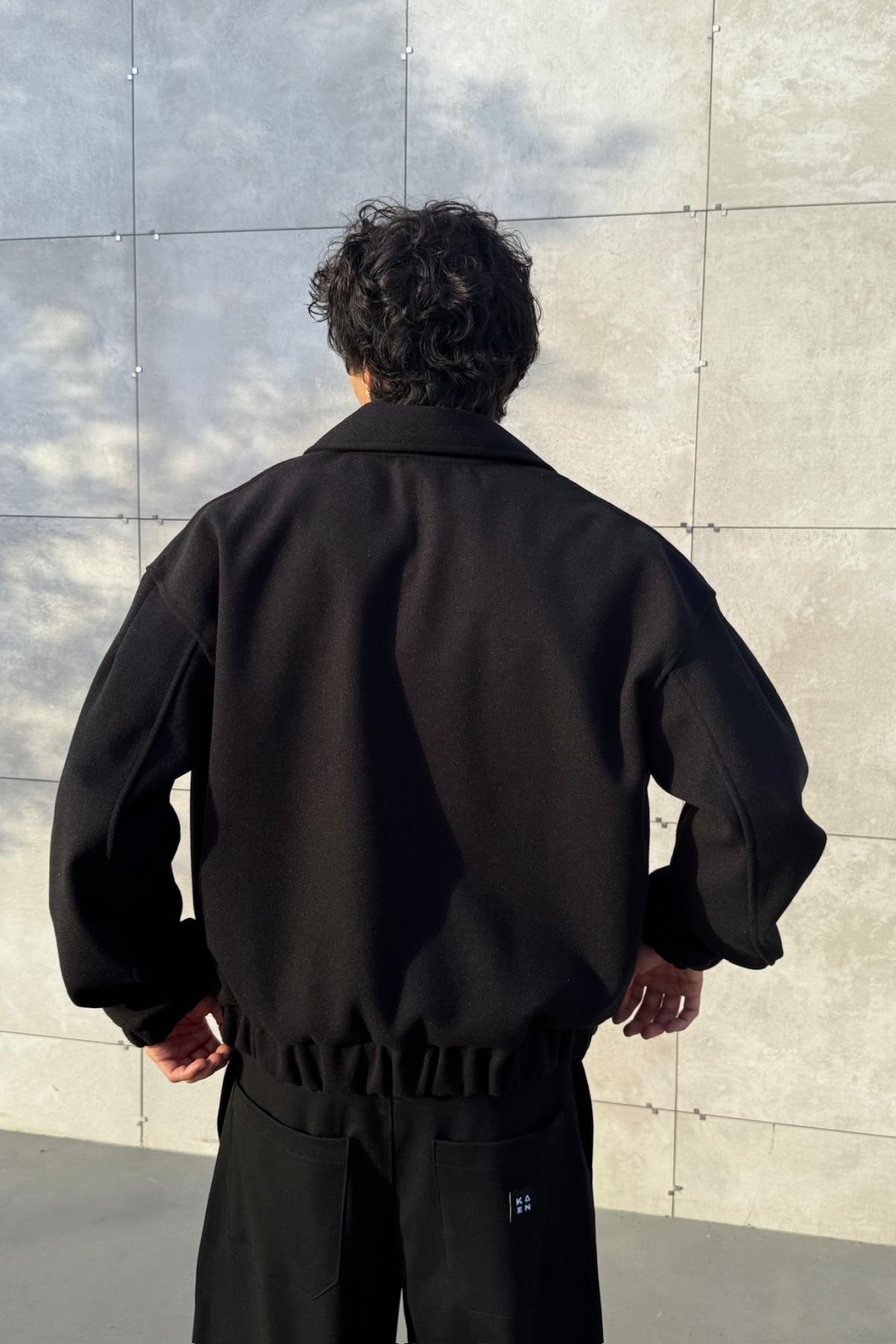 Fermuarlı Siyah Oversize Kaşe Ceket PM01
