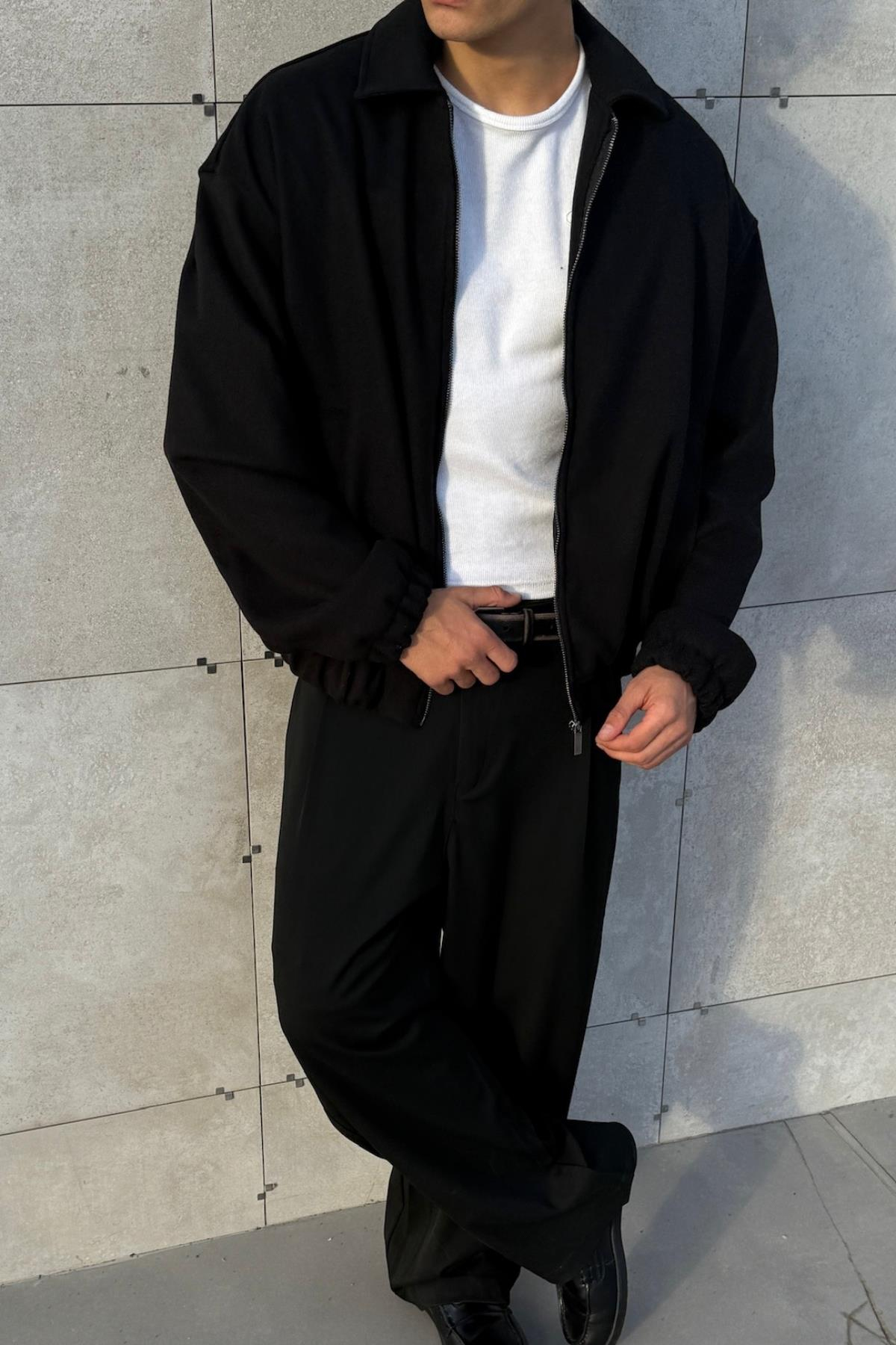 Fermuarlı Siyah Oversize Kaşe Ceket PM01