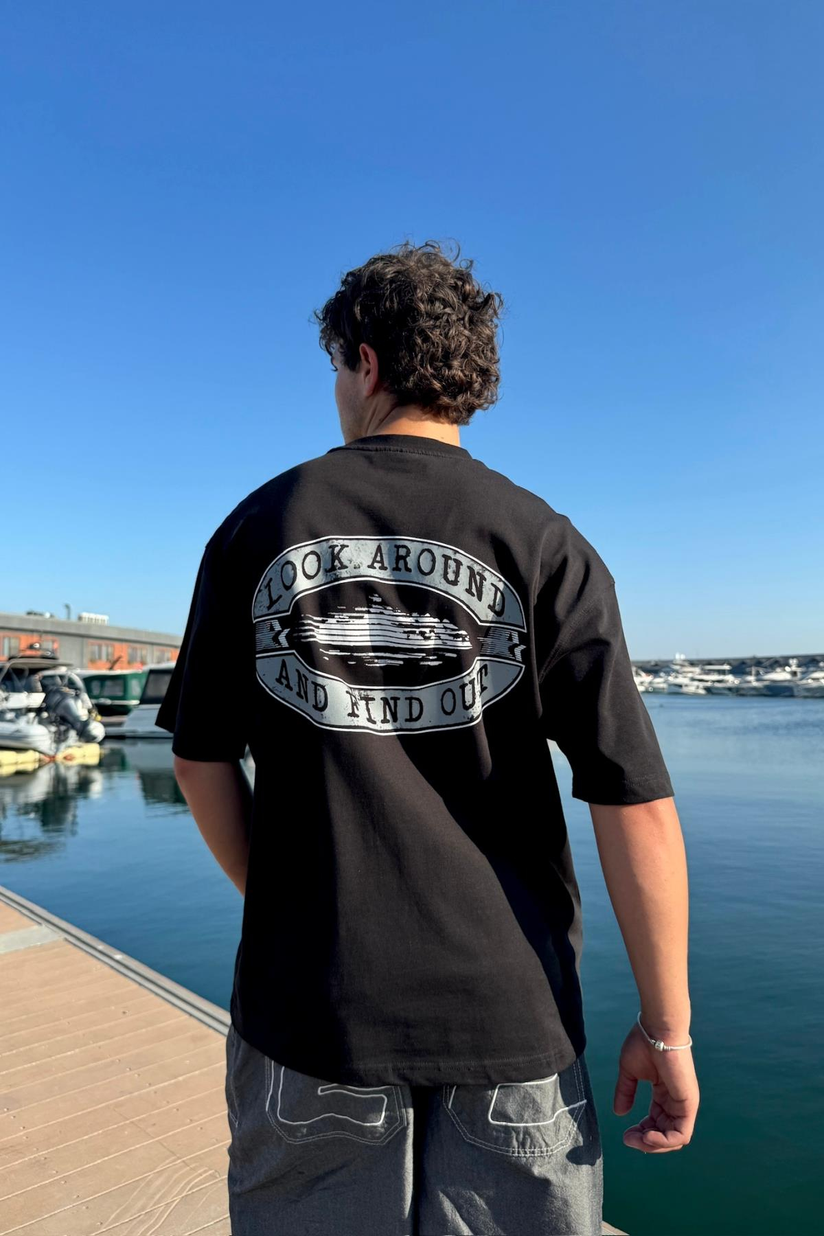 Find Out Baskılı Siyah Oversize Tshirt PM01