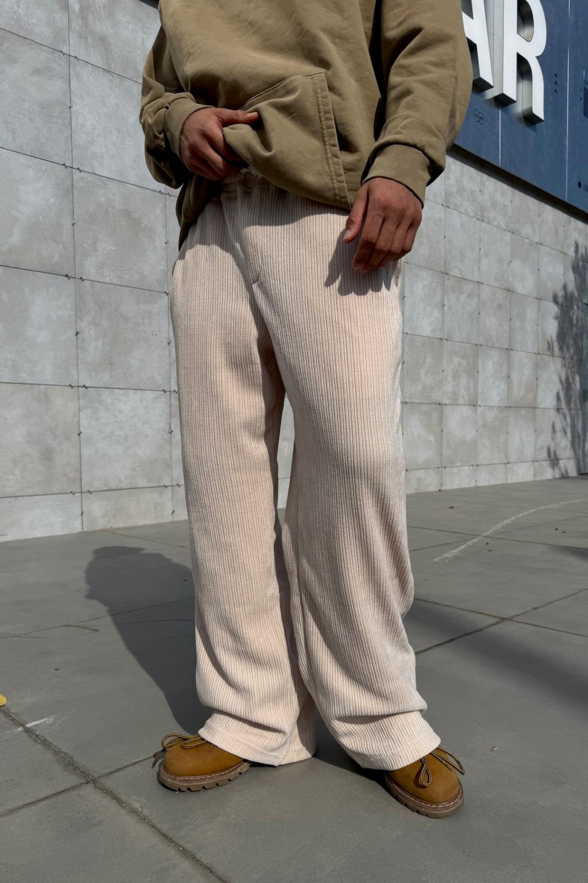 Fitilli Kadife Kumaş Bej Baggy Pantolon JC01
