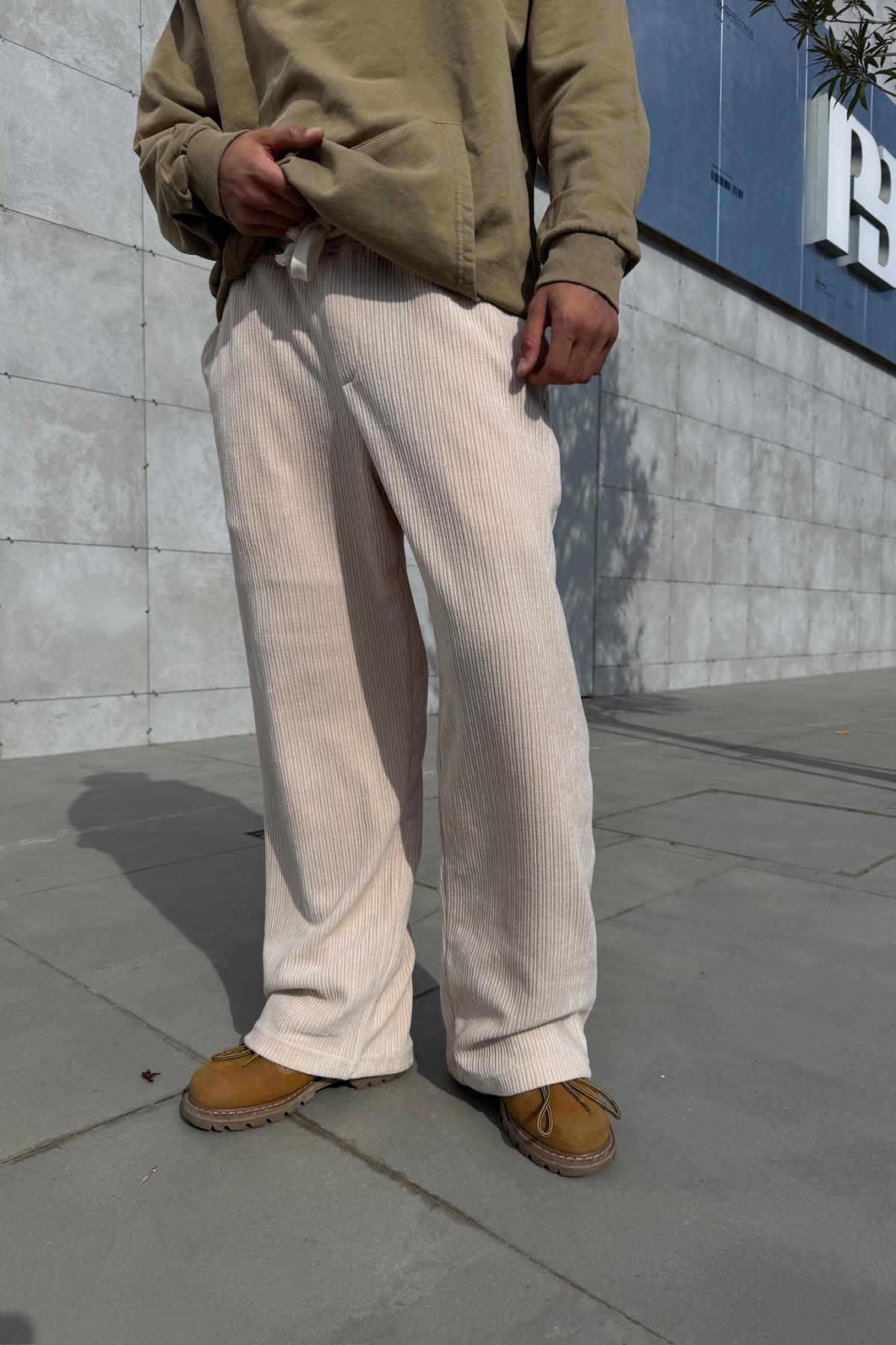 Fitilli Kadife Kumaş Bej Baggy Pantolon JC01