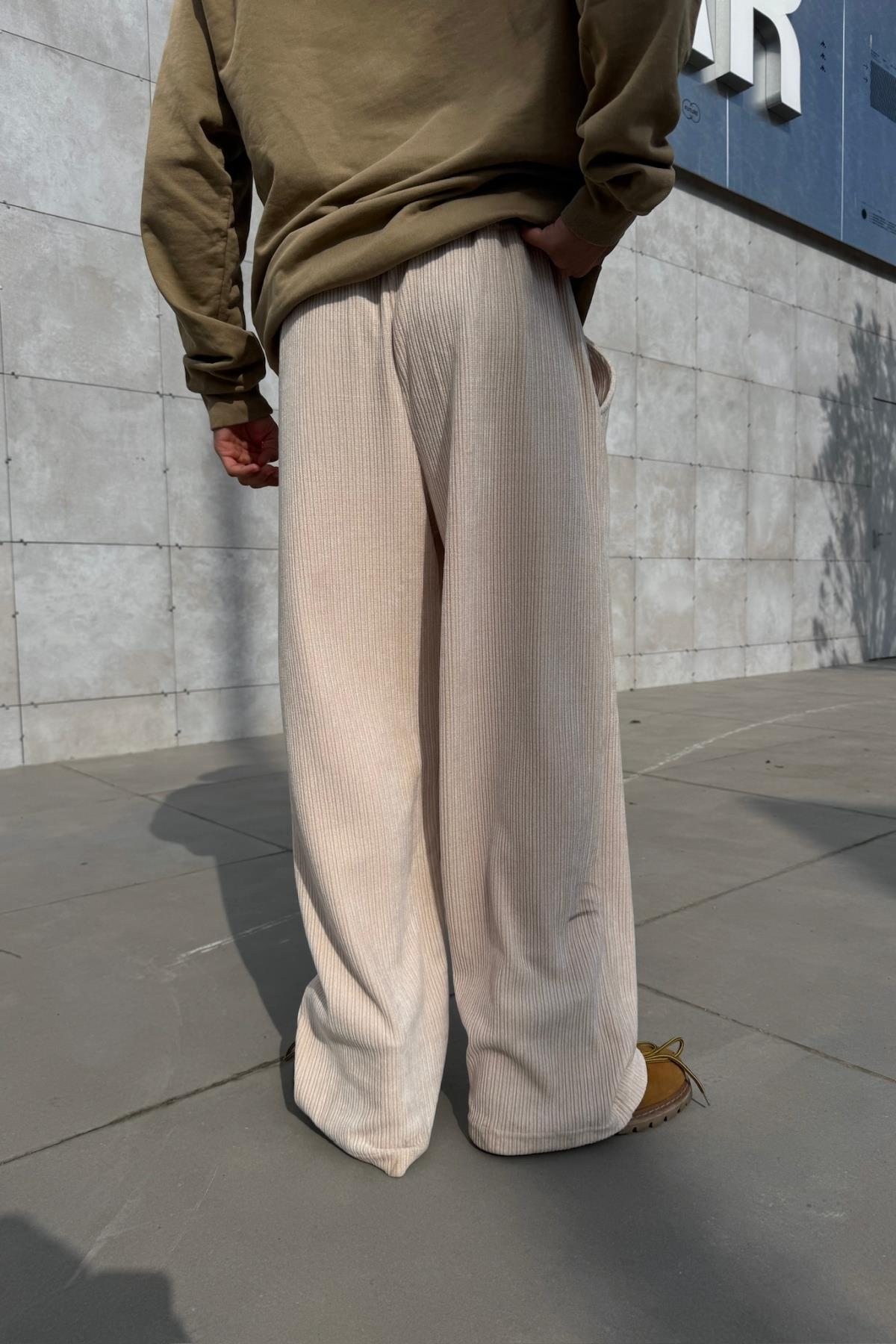 Fitilli Kadife Kumaş Bej Baggy Pantolon JC01