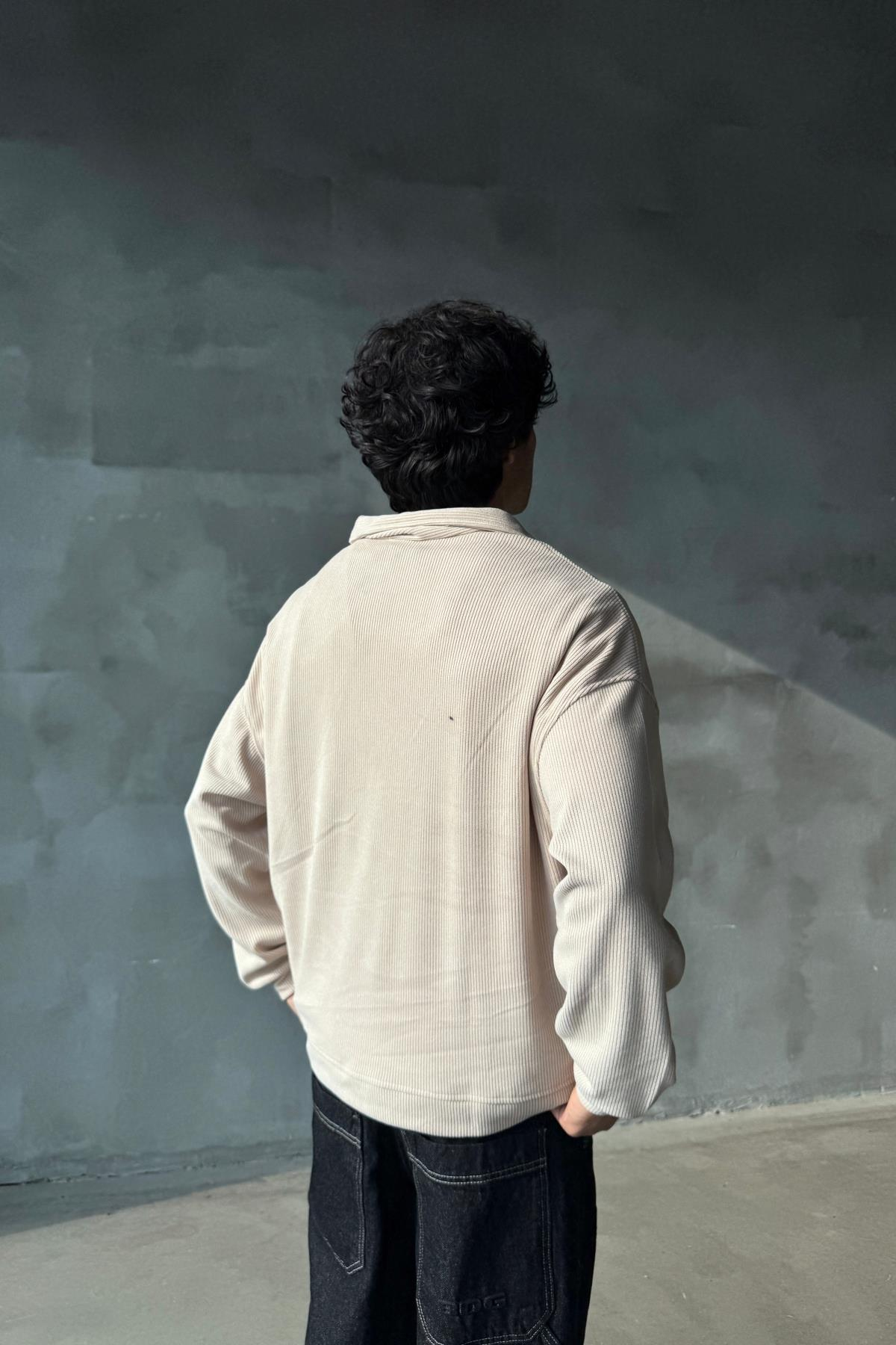 Fitilli Kumaş Bej Polo Yaka Oversize Sweatshirt JC01