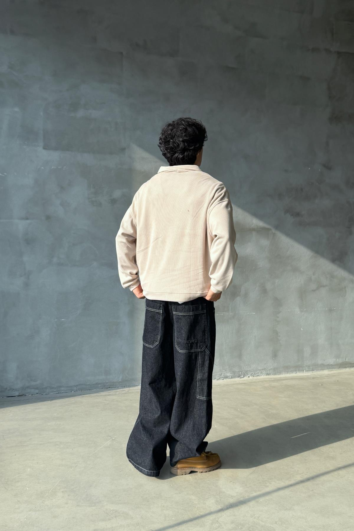Fitilli Kumaş Bej Polo Yaka Oversize Sweatshirt JC01