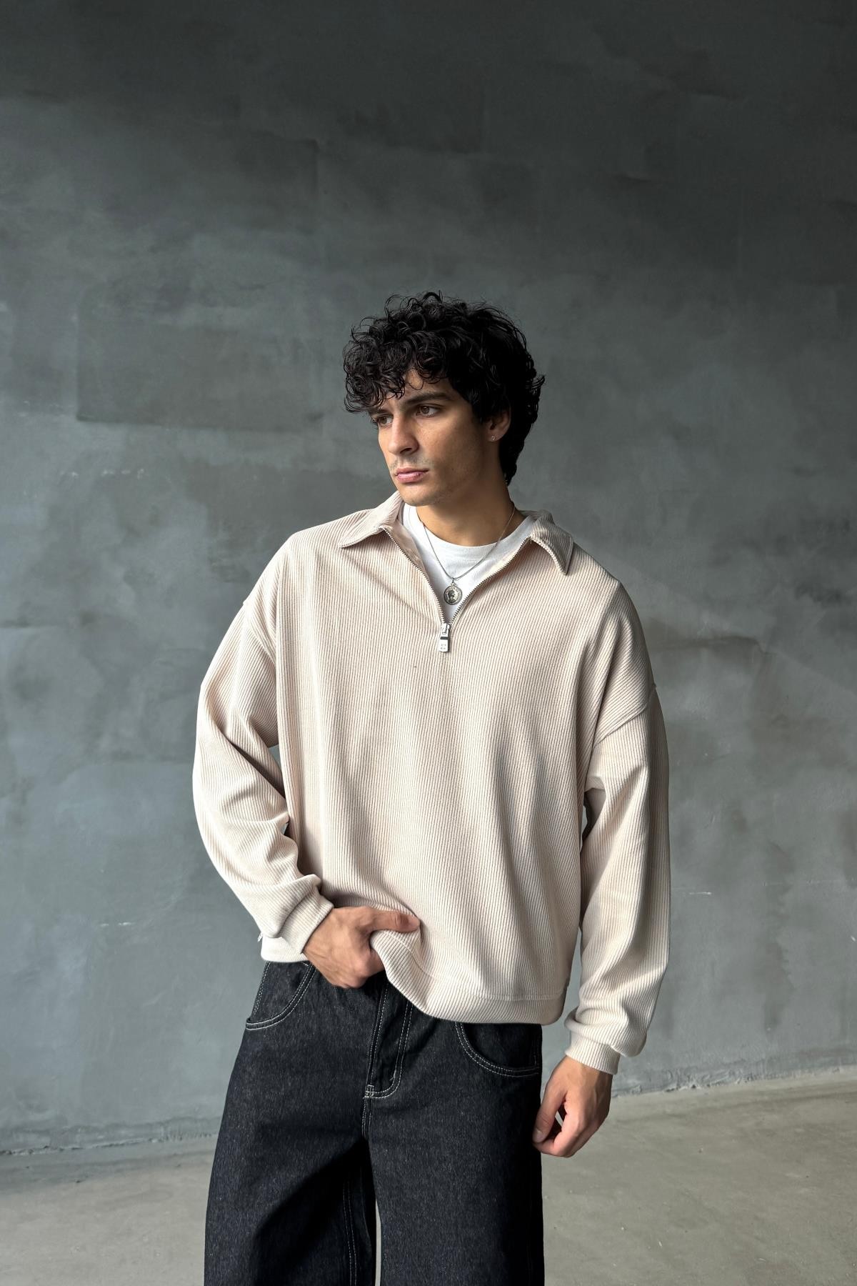 Fitilli Kumaş Bej Polo Yaka Oversize Sweatshirt JC01