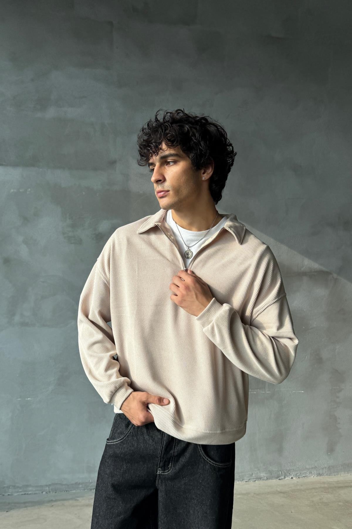 Fitilli Kumaş Bej Polo Yaka Oversize Sweatshirt JC01