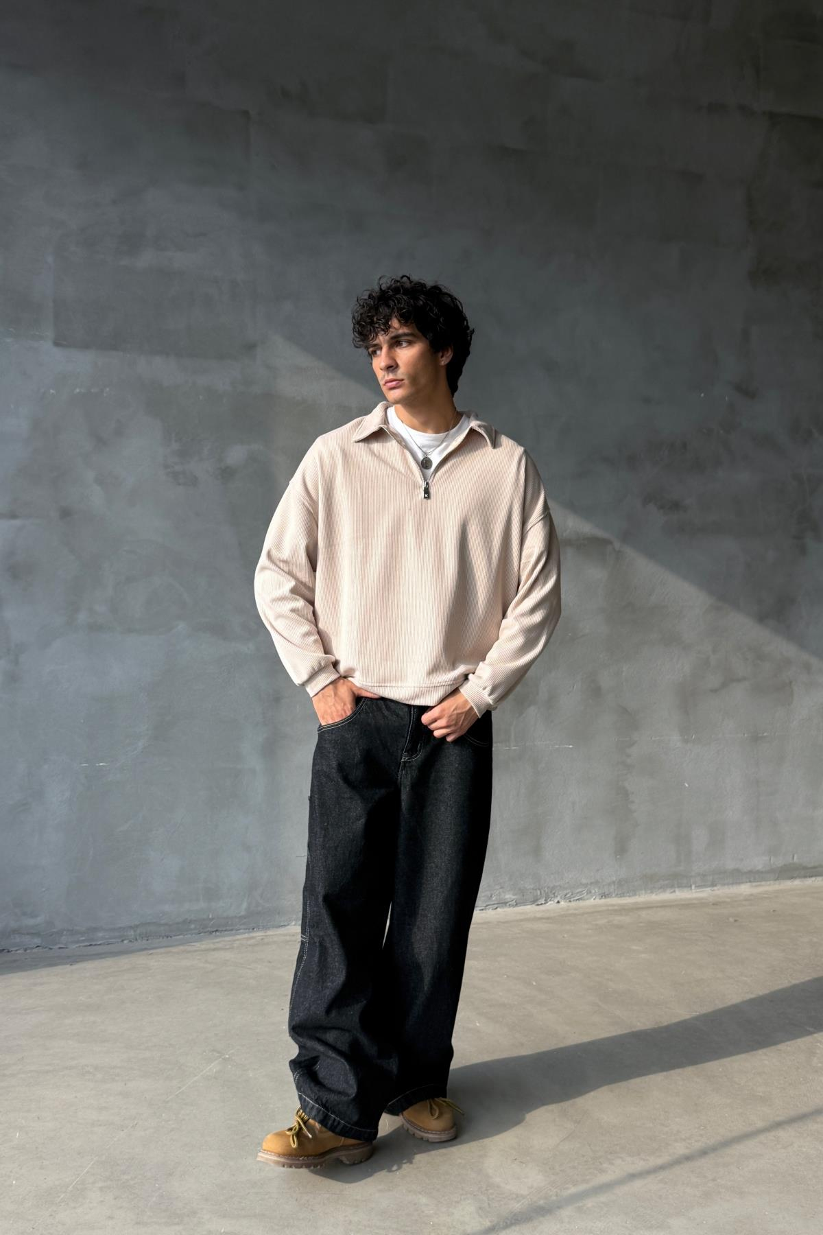 Fitilli Kumaş Bej Polo Yaka Oversize Sweatshirt JC01