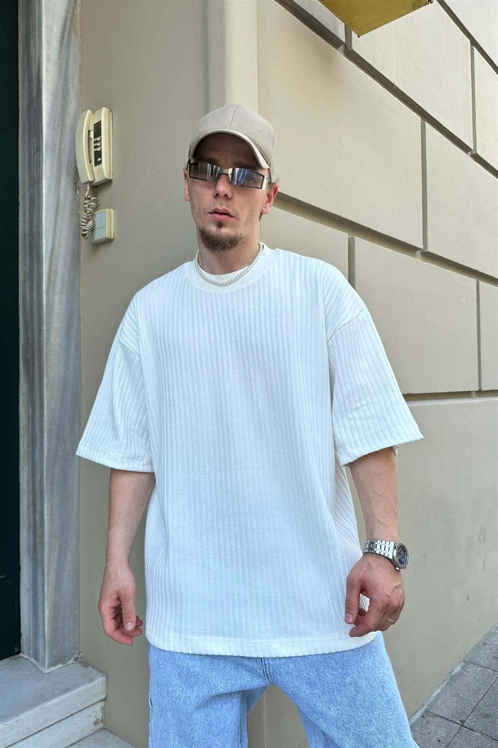 Fitilli Kumaş Krem Oversize Tshirt T804