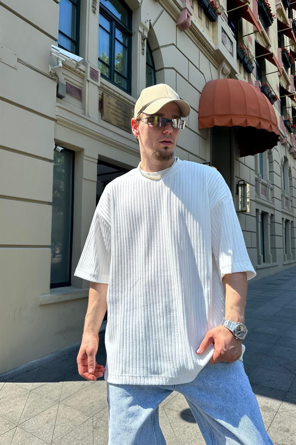 Fitilli Kumaş Krem Oversize Tshirt T804