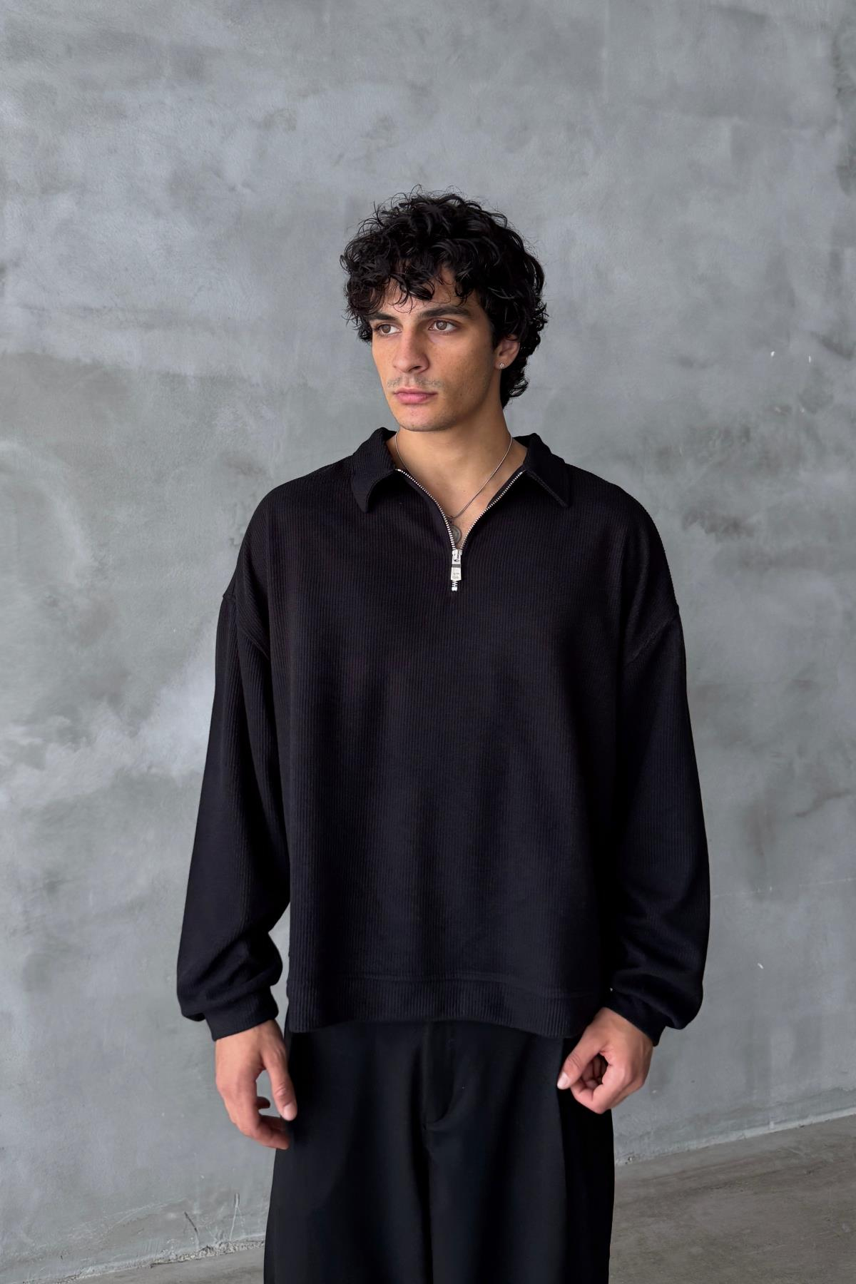Fitilli Kumaş Siyah Polo Yaka Oversize Sweatshirt JC01