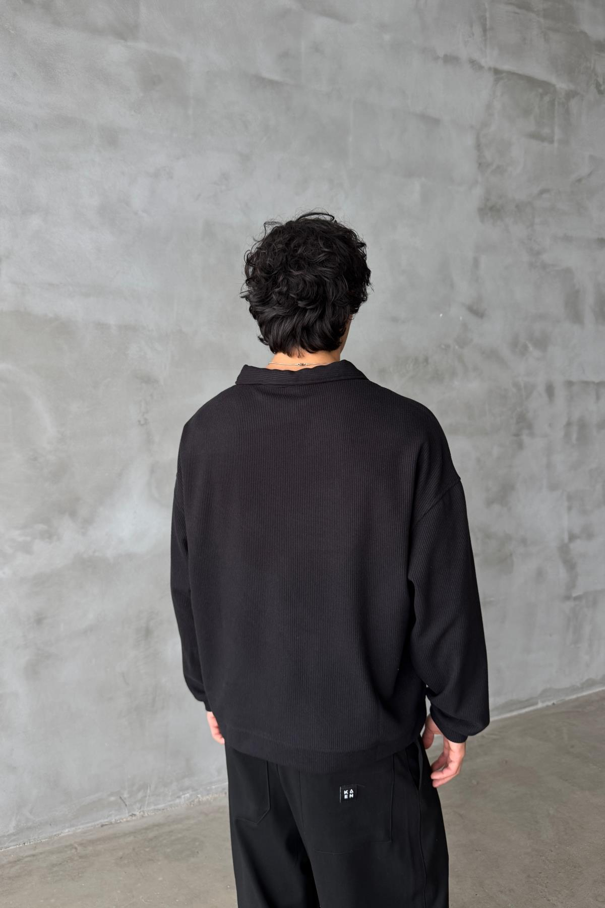 Fitilli Kumaş Siyah Polo Yaka Oversize Sweatshirt JC01