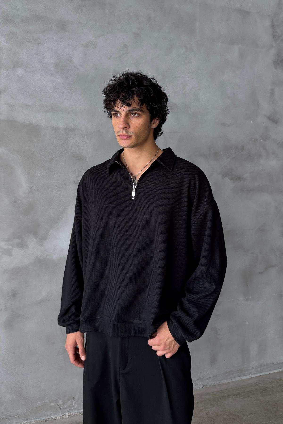 Fitilli Kumaş Siyah Polo Yaka Oversize Sweatshirt JC01