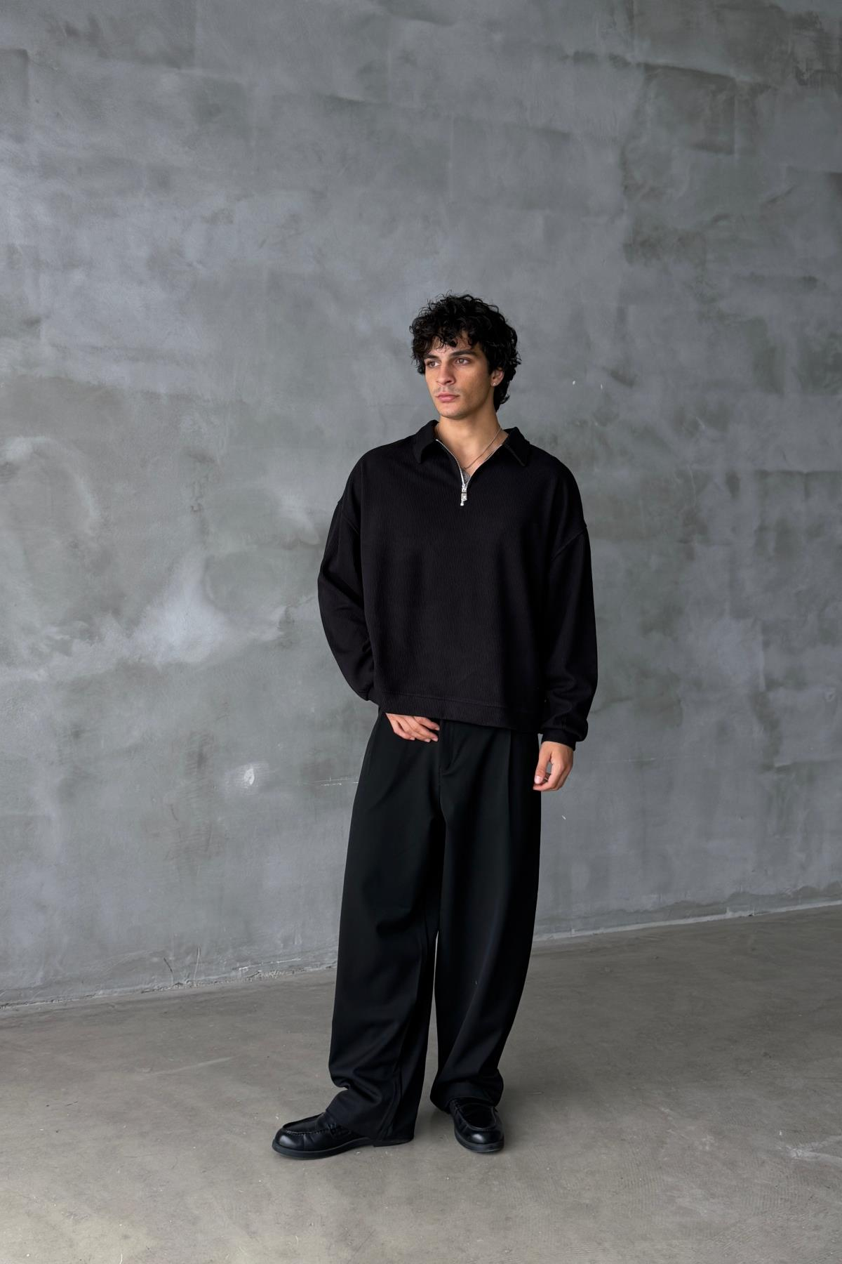 Fitilli Kumaş Siyah Polo Yaka Oversize Sweatshirt JC01