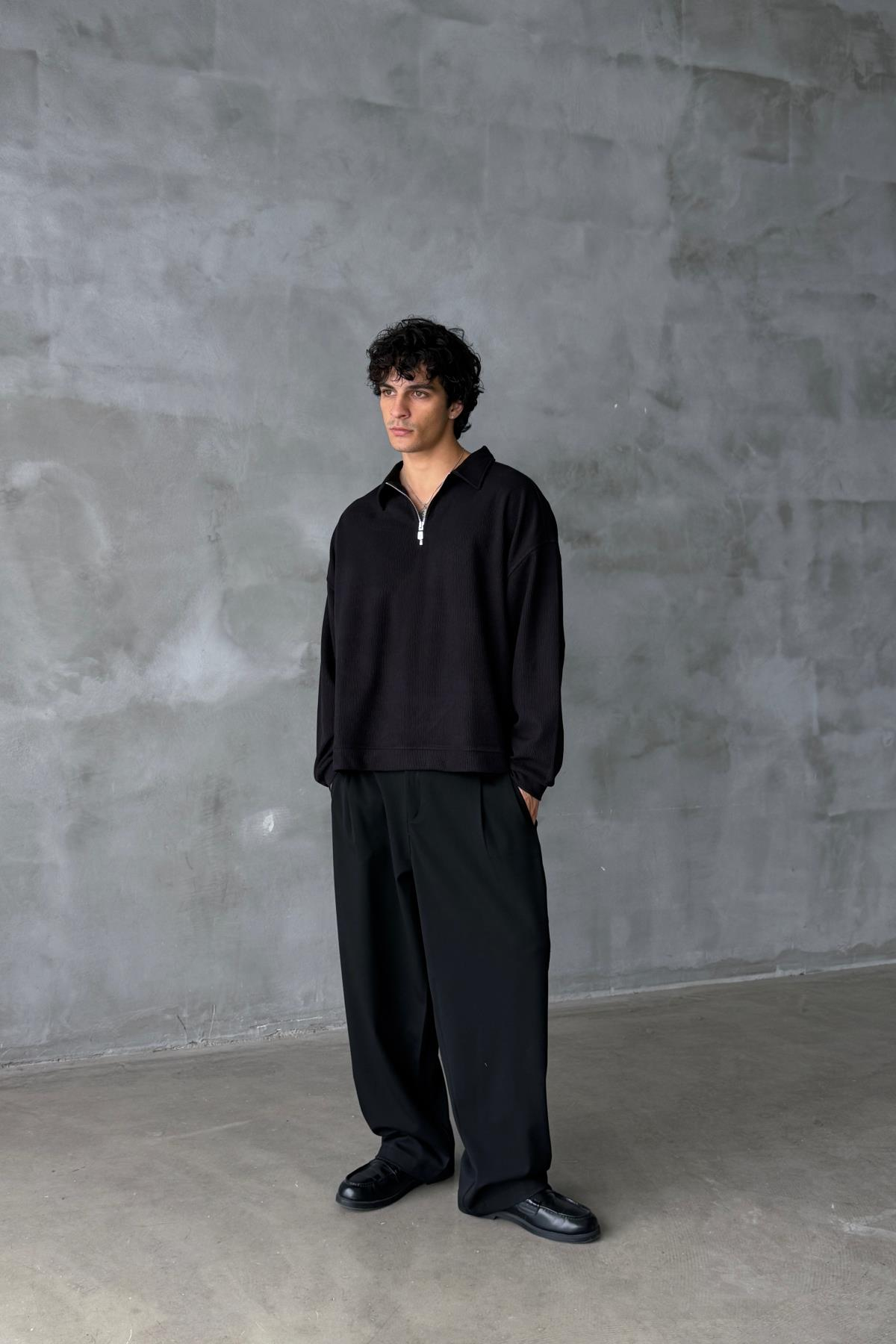 Fitilli Kumaş Siyah Polo Yaka Oversize Sweatshirt JC01