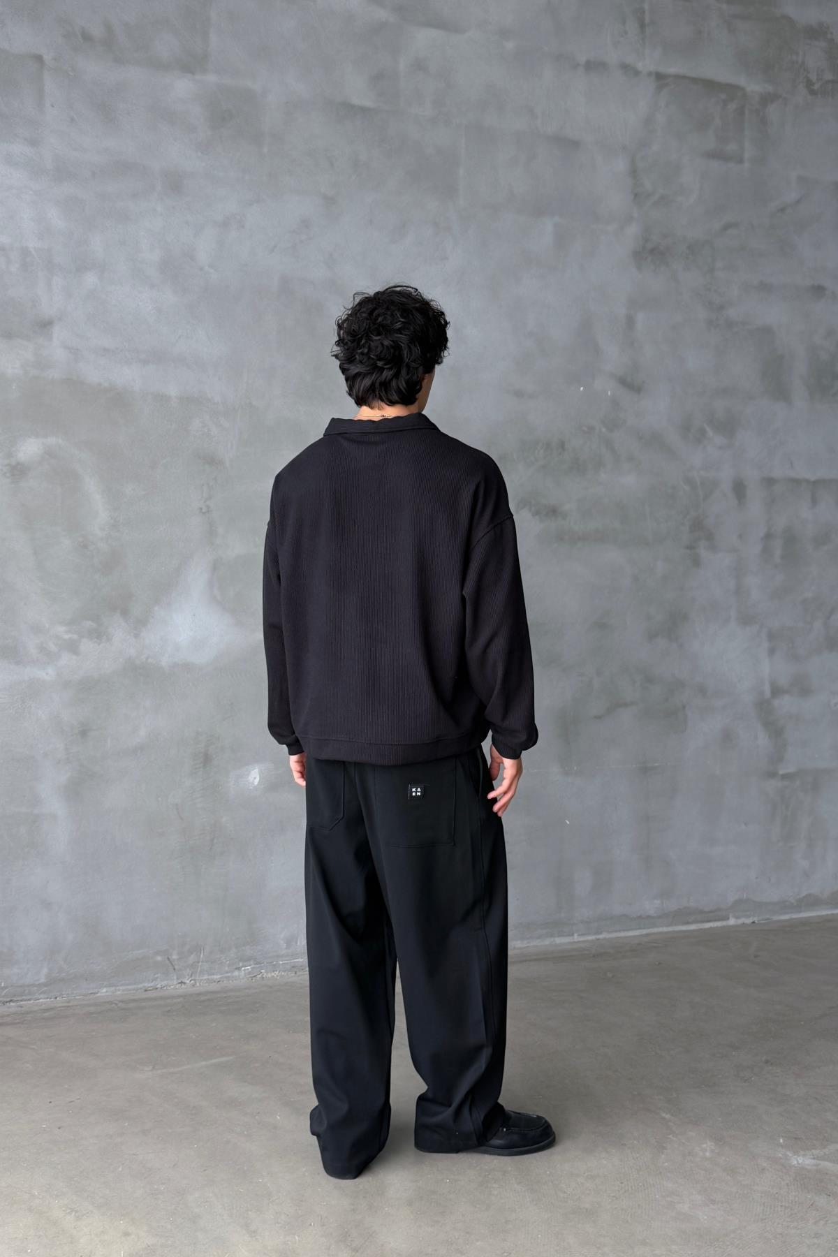 Fitilli Kumaş Siyah Polo Yaka Oversize Sweatshirt JC01