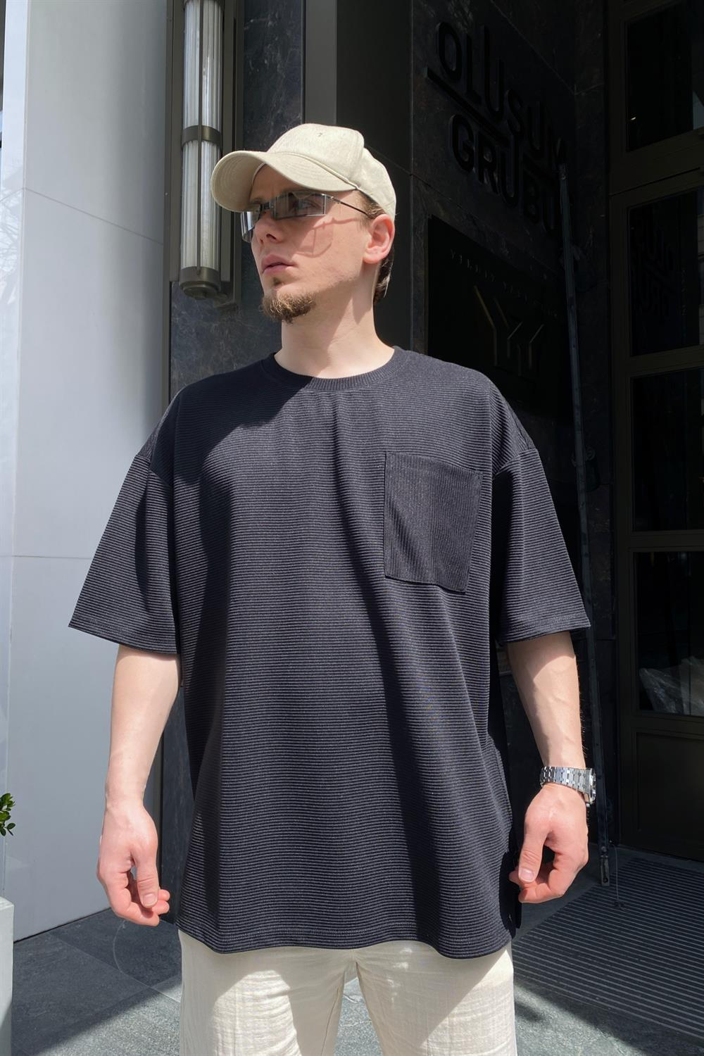 Fitilli Siyah Jarse Kumaş Tshirt  T619