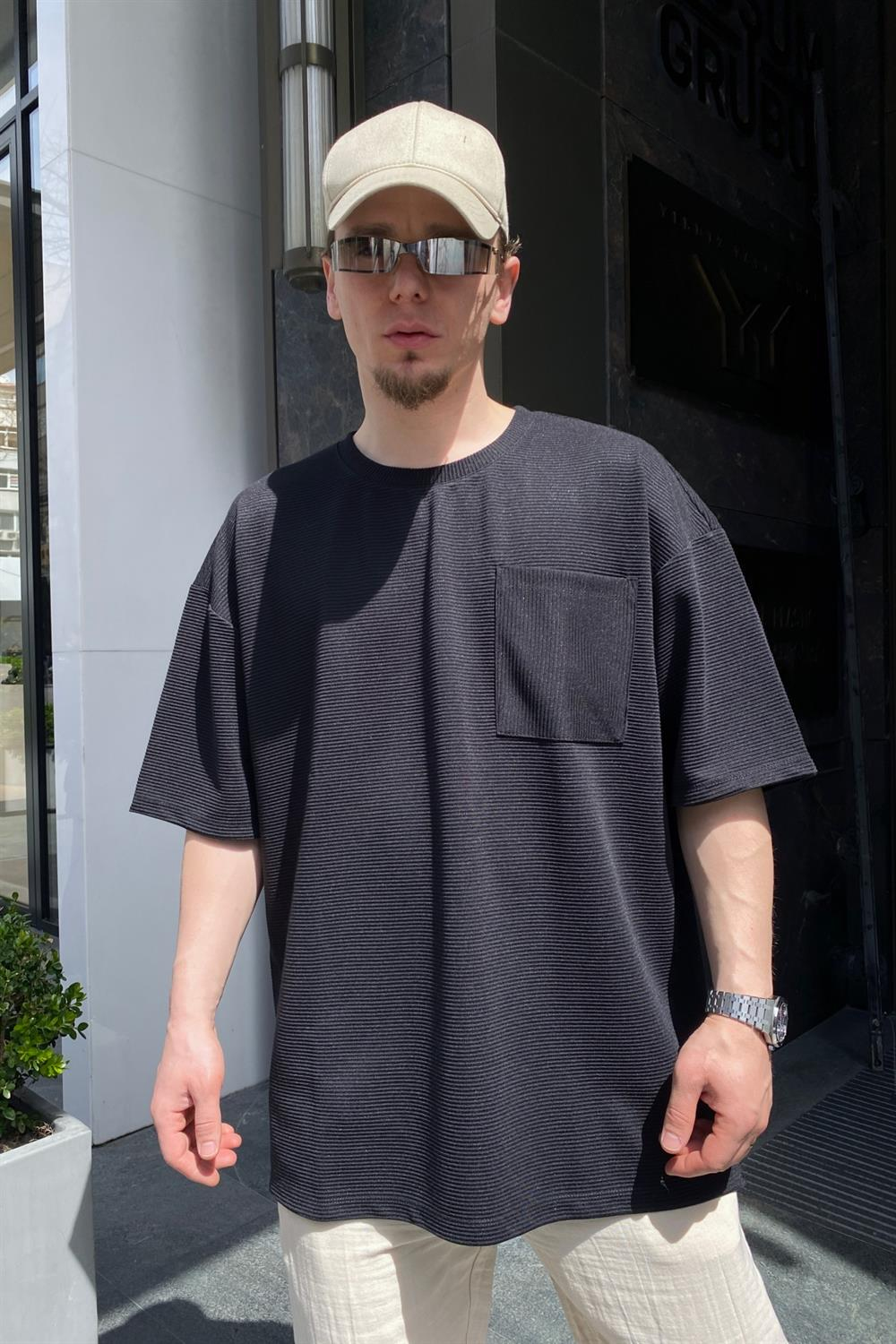 Fitilli Siyah Jarse Kumaş Tshirt  T619