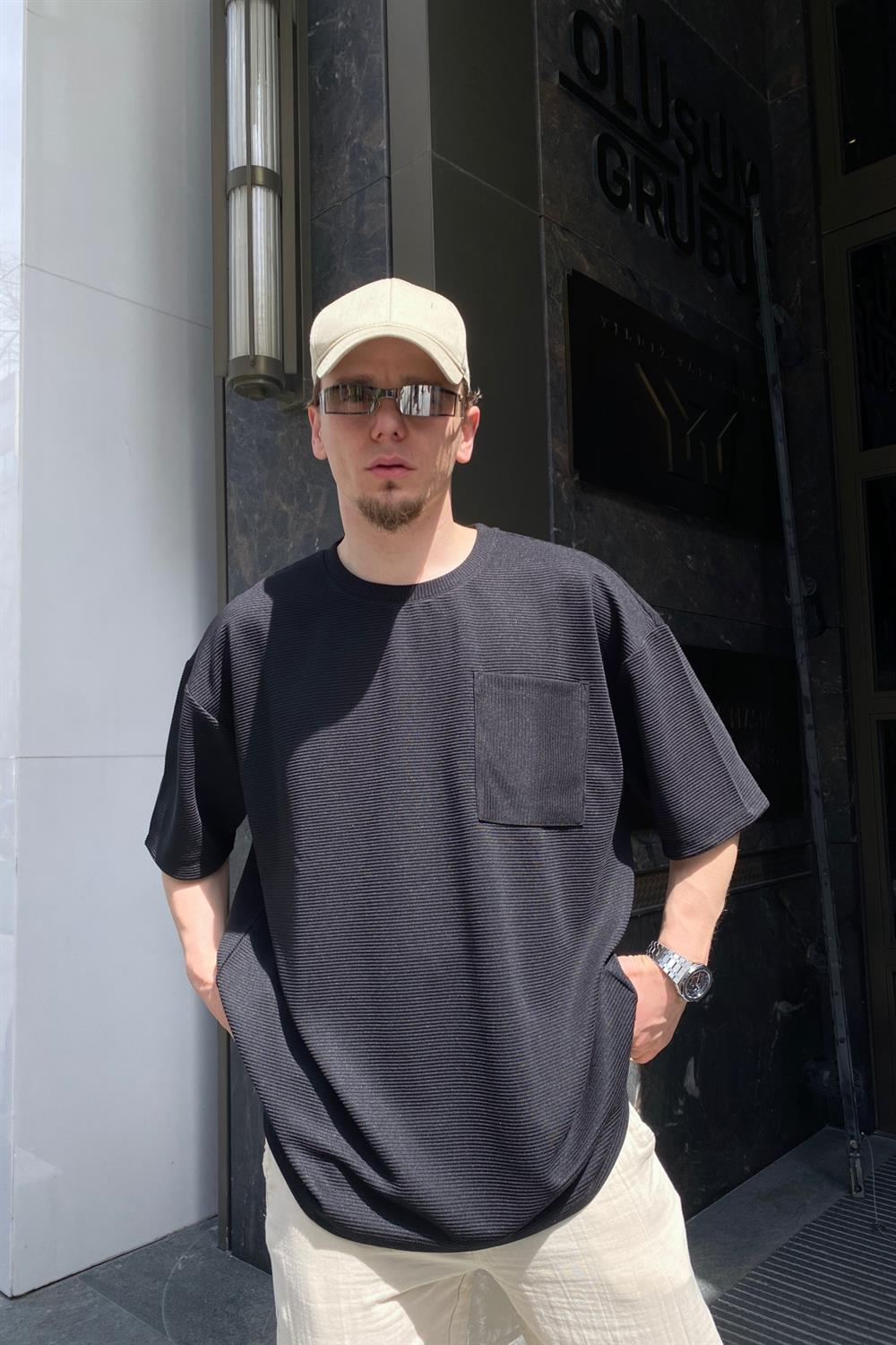 Fitilli Siyah Jarse Kumaş Tshirt  T619