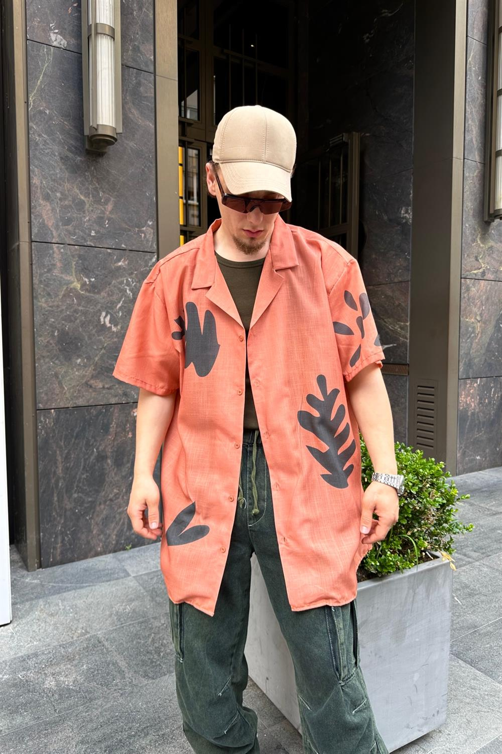 Floral Oranj Oversize Gömlek G124