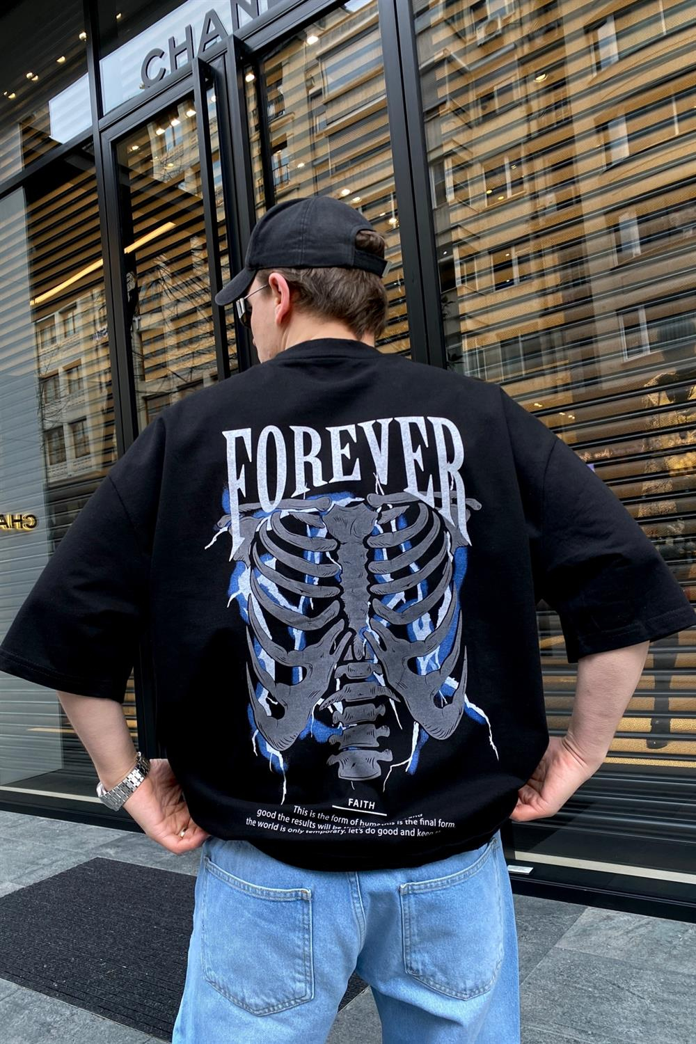 Forever Baskılı Siyah Oversize Tshirt T593