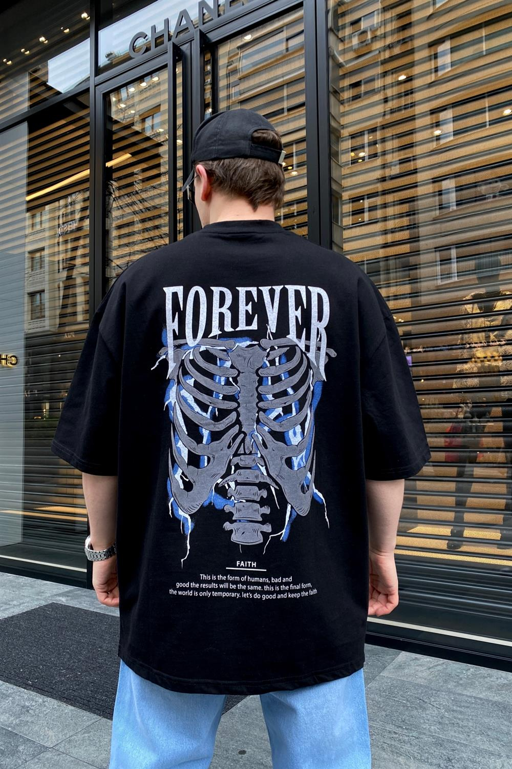 Forever Baskılı Siyah Oversize Tshirt T593