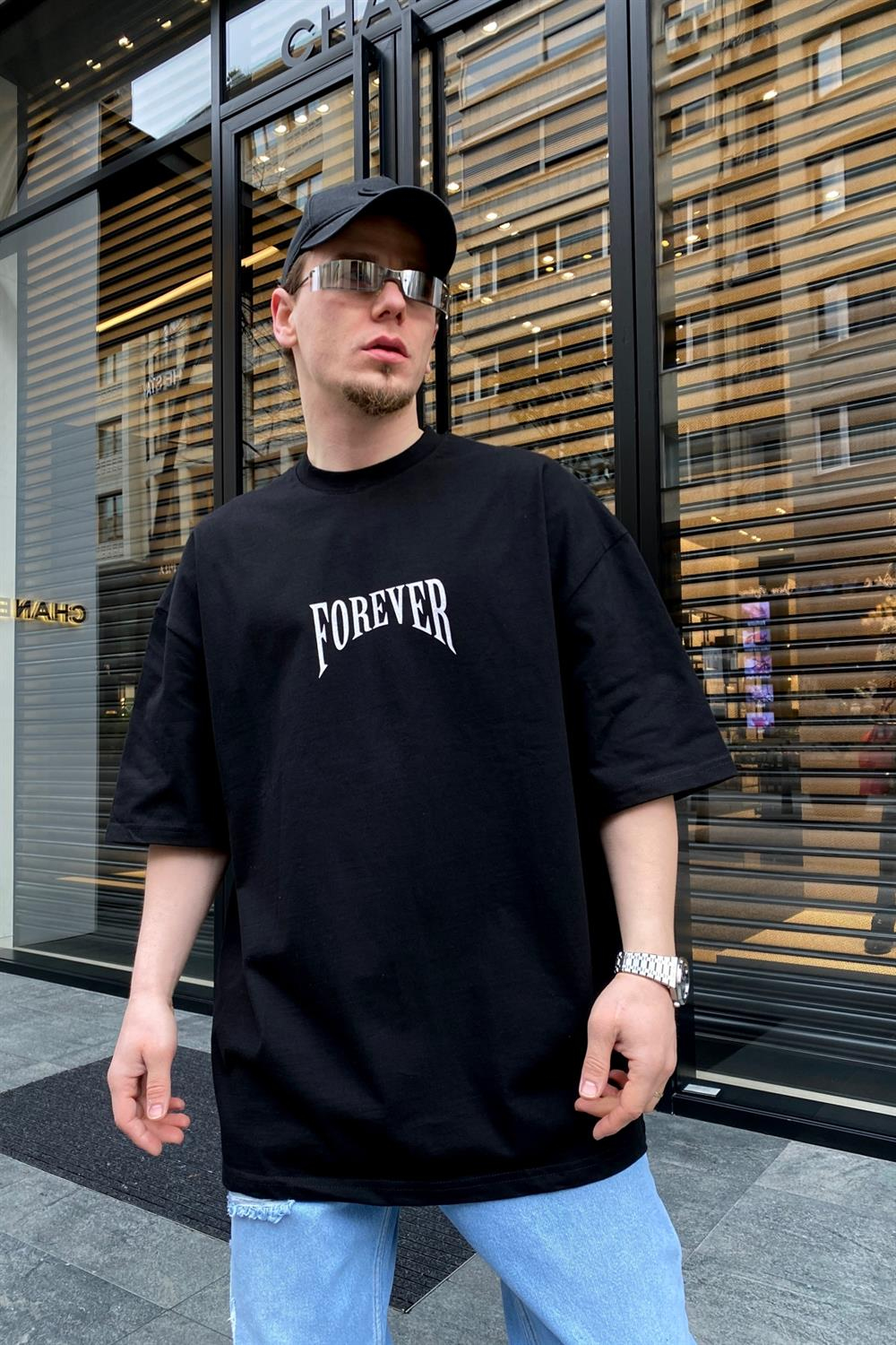 Forever Baskılı Siyah Oversize Tshirt T593