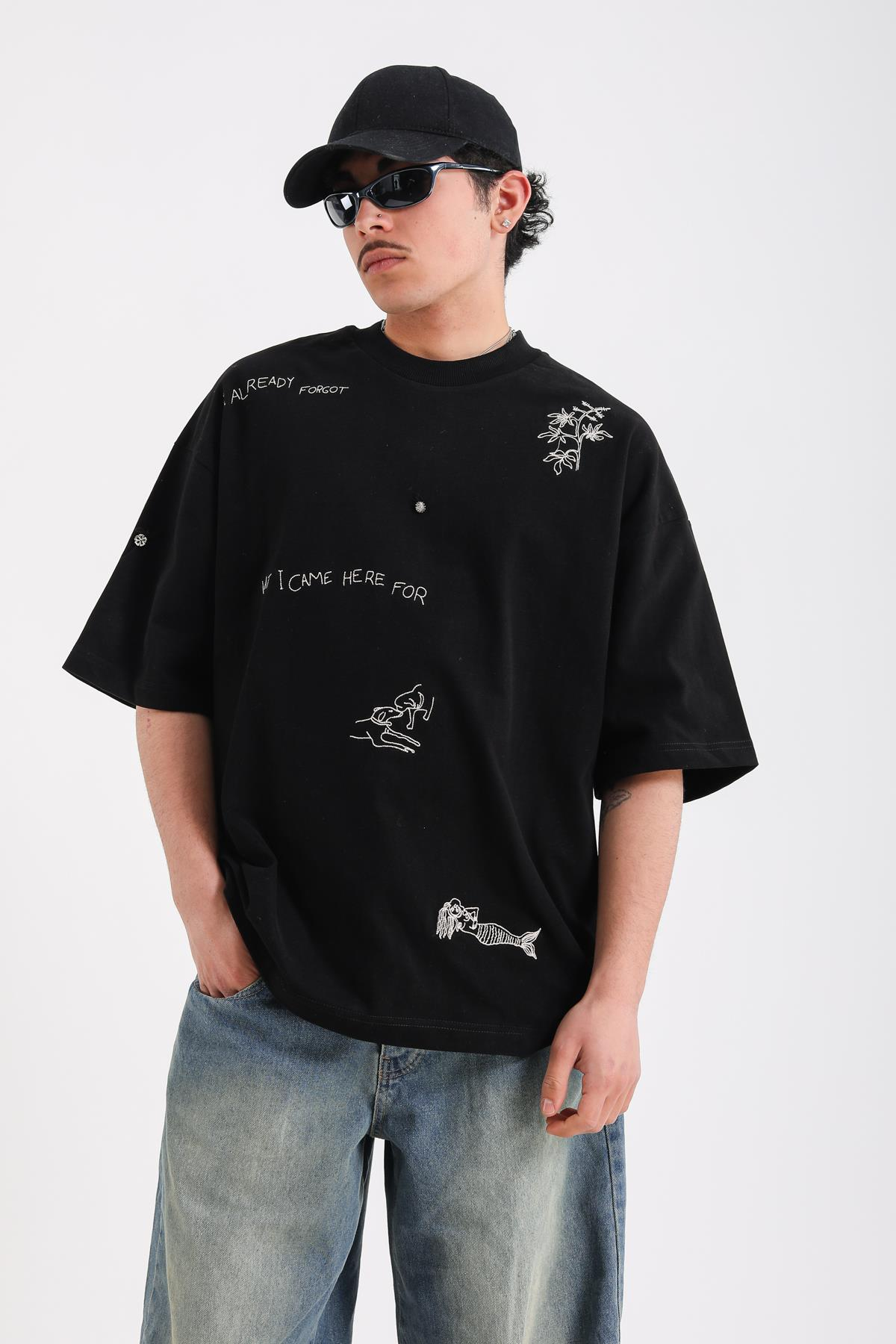 Forgot Nakışlı Siyah Premium Oversize Tshirt