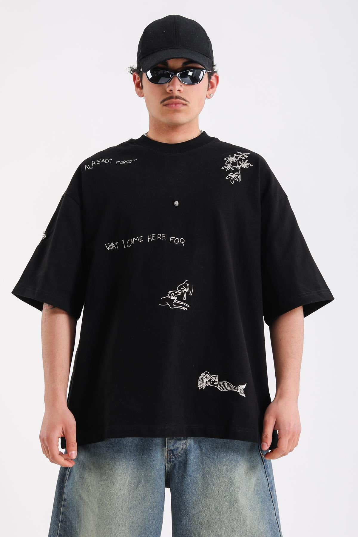 Forgot Nakışlı Siyah Premium Oversize Tshirt