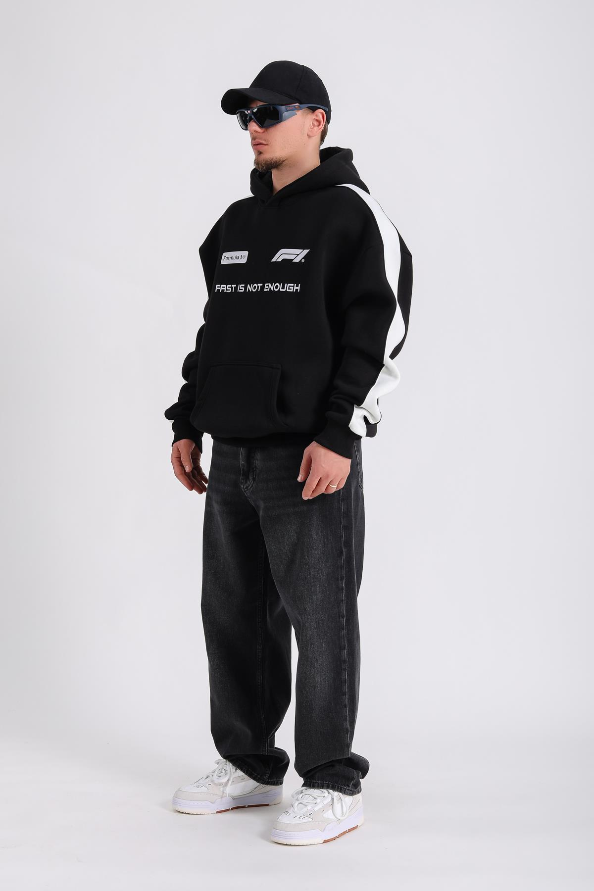 Formula Baskılı Siyah Oversize Hoodie SW1179
