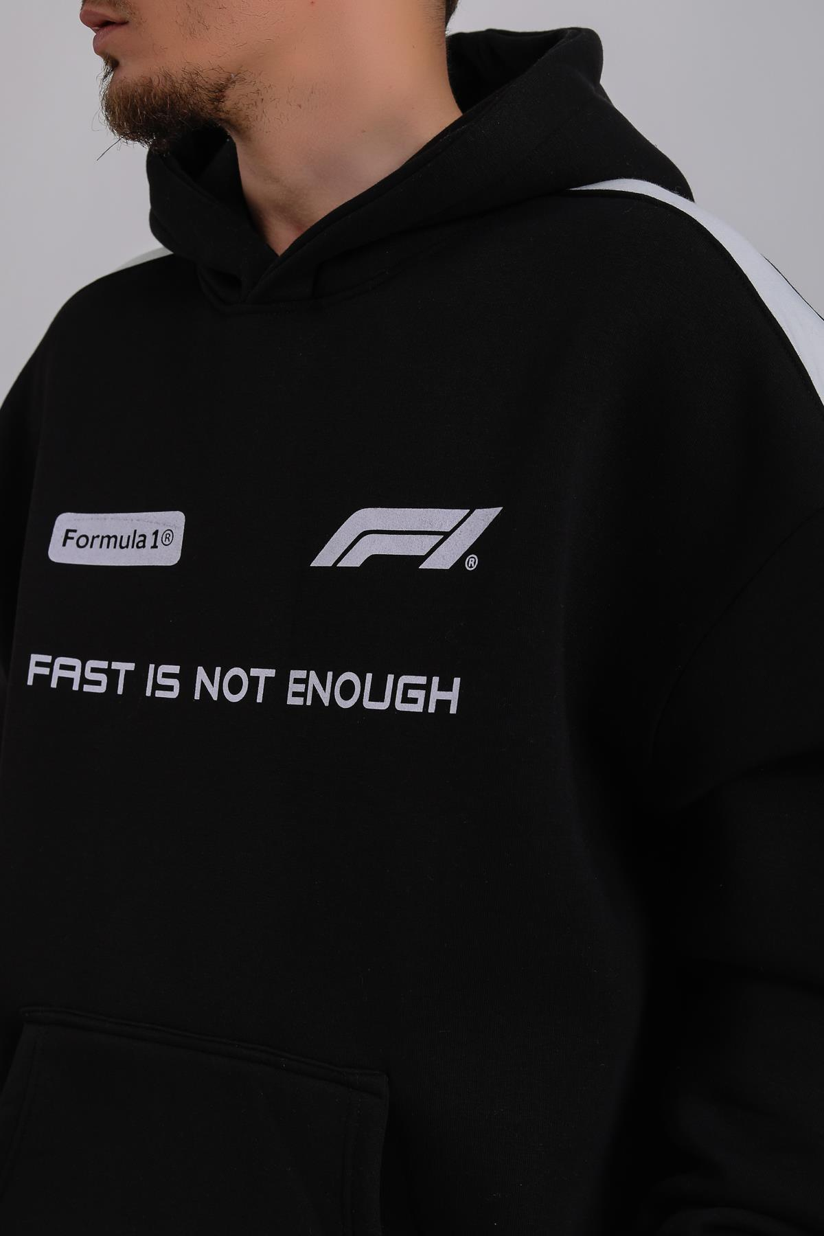 Formula Baskılı Siyah Oversize Hoodie SW1179