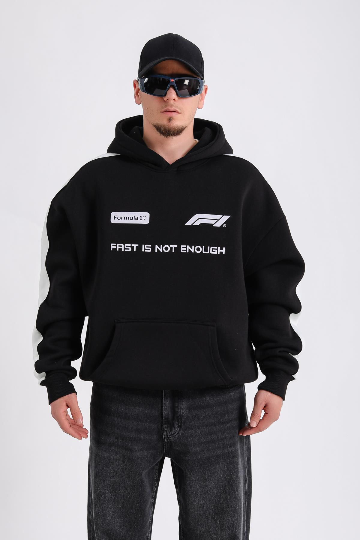 Formula Baskılı Siyah Oversize Hoodie SW1179