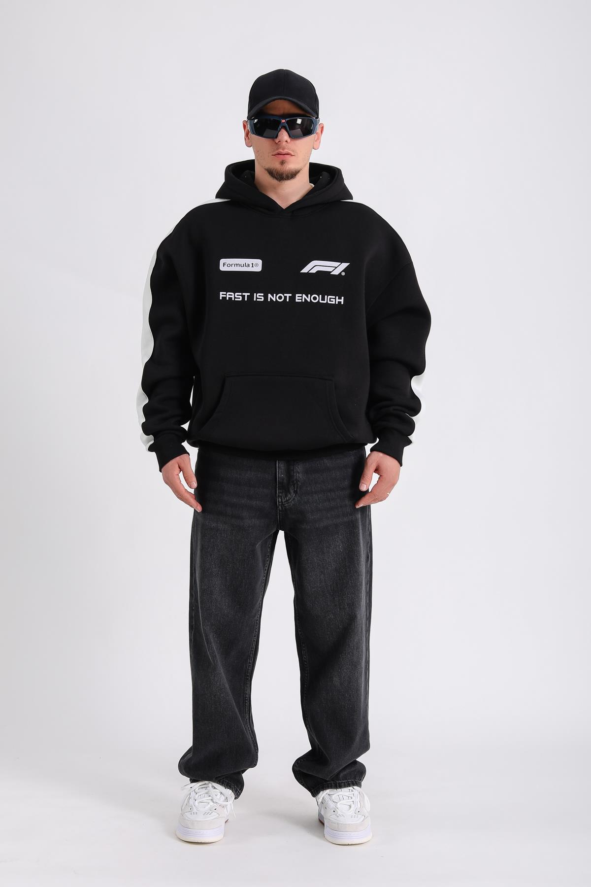 Formula Baskılı Siyah Oversize Hoodie SW1179